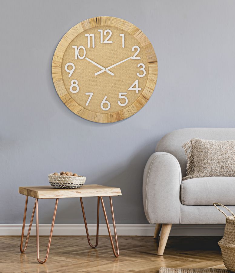 Relógio de Parede Redondo – Natural/Branco – MDF e Rattan