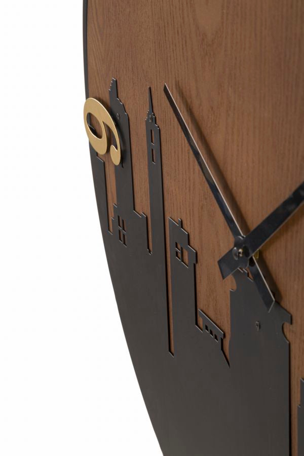 Relógio de Parede Redondo – Preto, Castanho e Dourado – Ferro e MDF