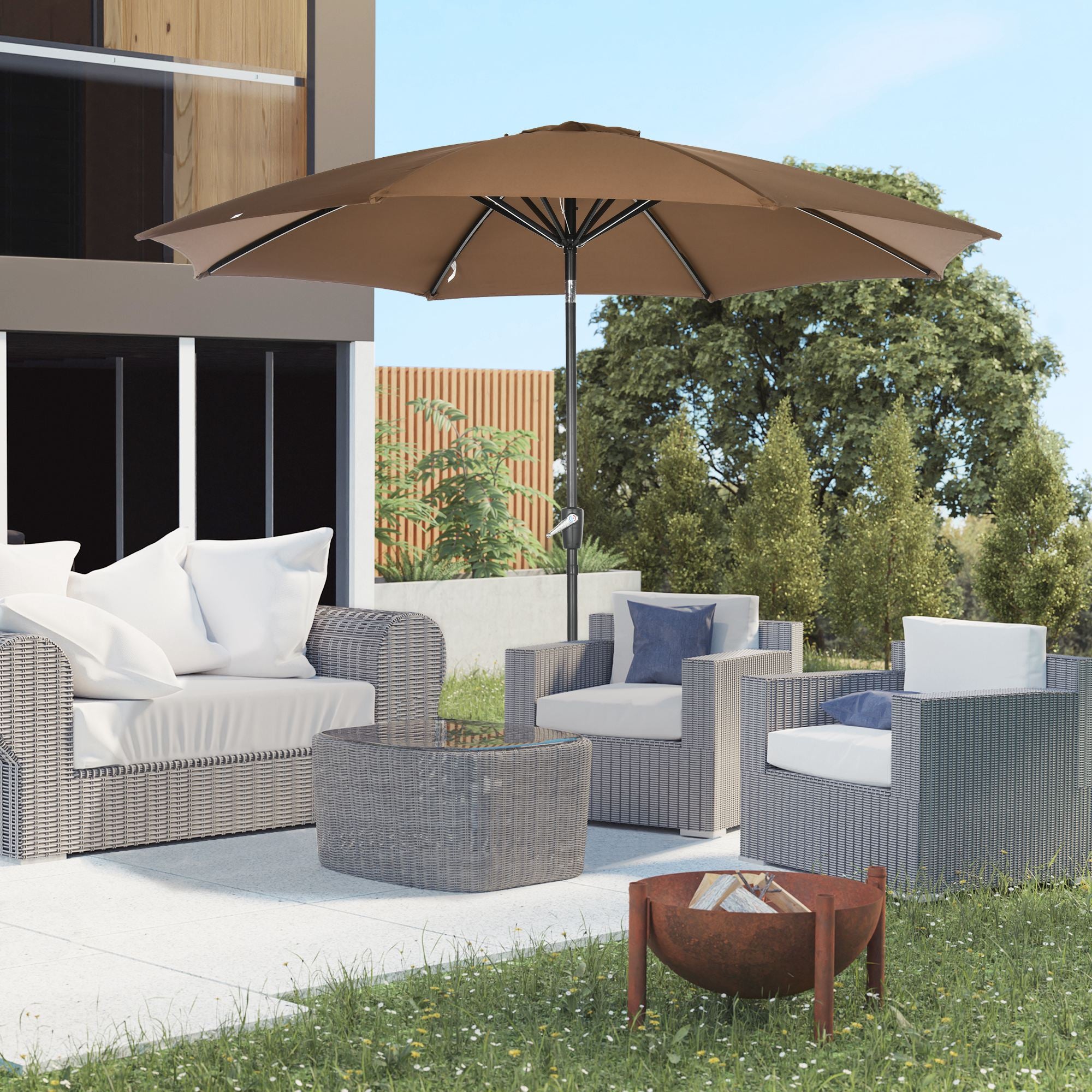 Chapéu de Sol Ø300x240 cm Marrom - Manivela, Ângulo Ajustável e Estrutura Resistente