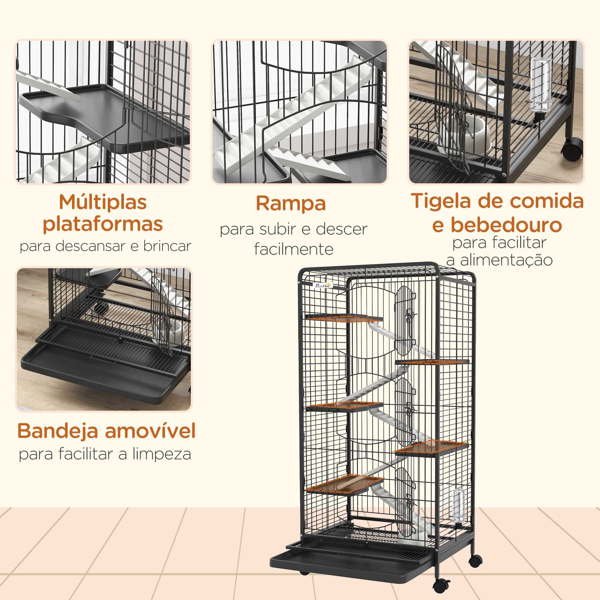 Gaiola para Pequenos Animais 6 Níveis Preto 64x43,5x131 cm