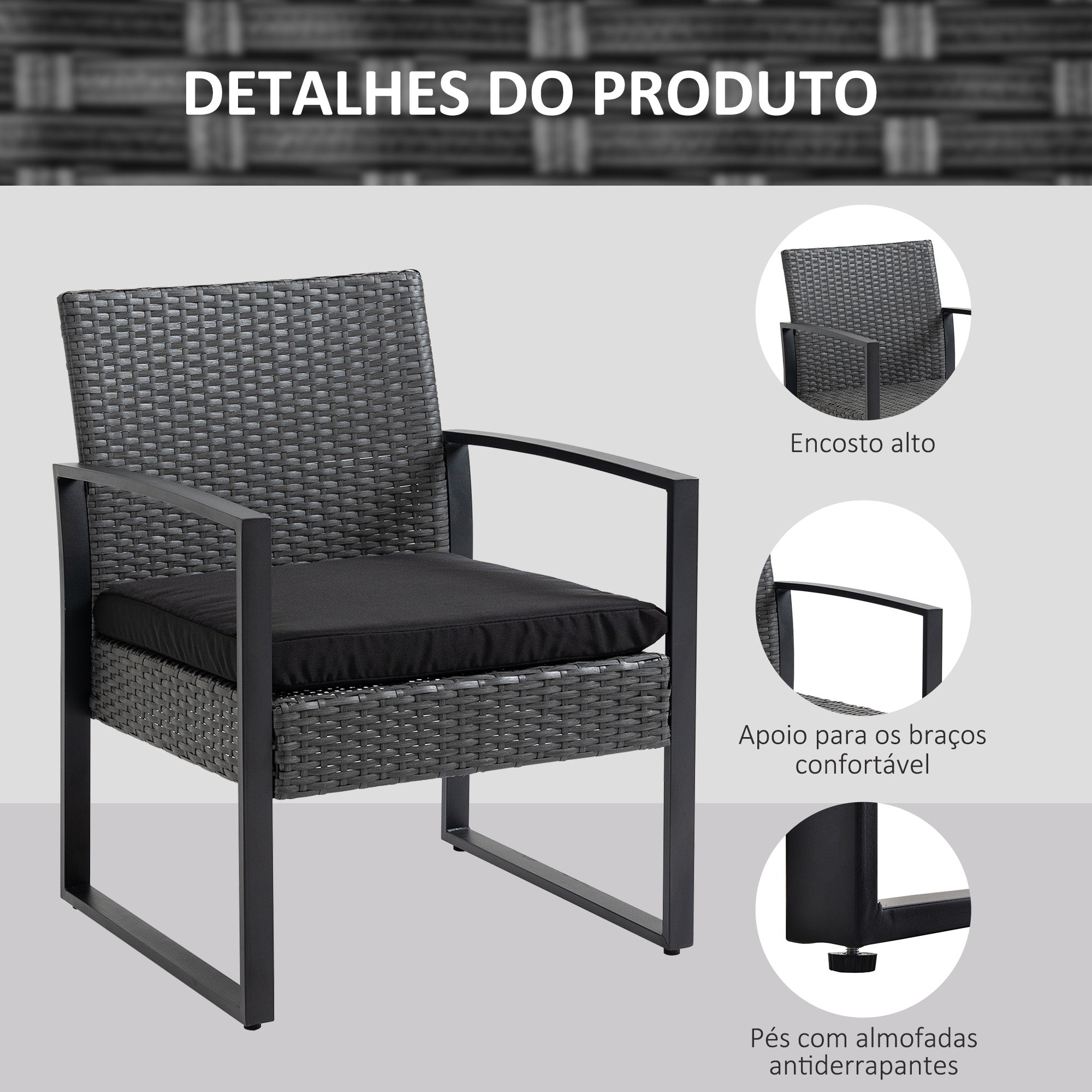 Conjunto de Móveis de Jardim de Vime 3 Peças com Mesa 42,5x40x39 cm e 2 Poltronas 63x57x76 cm - Cinzento e Preto