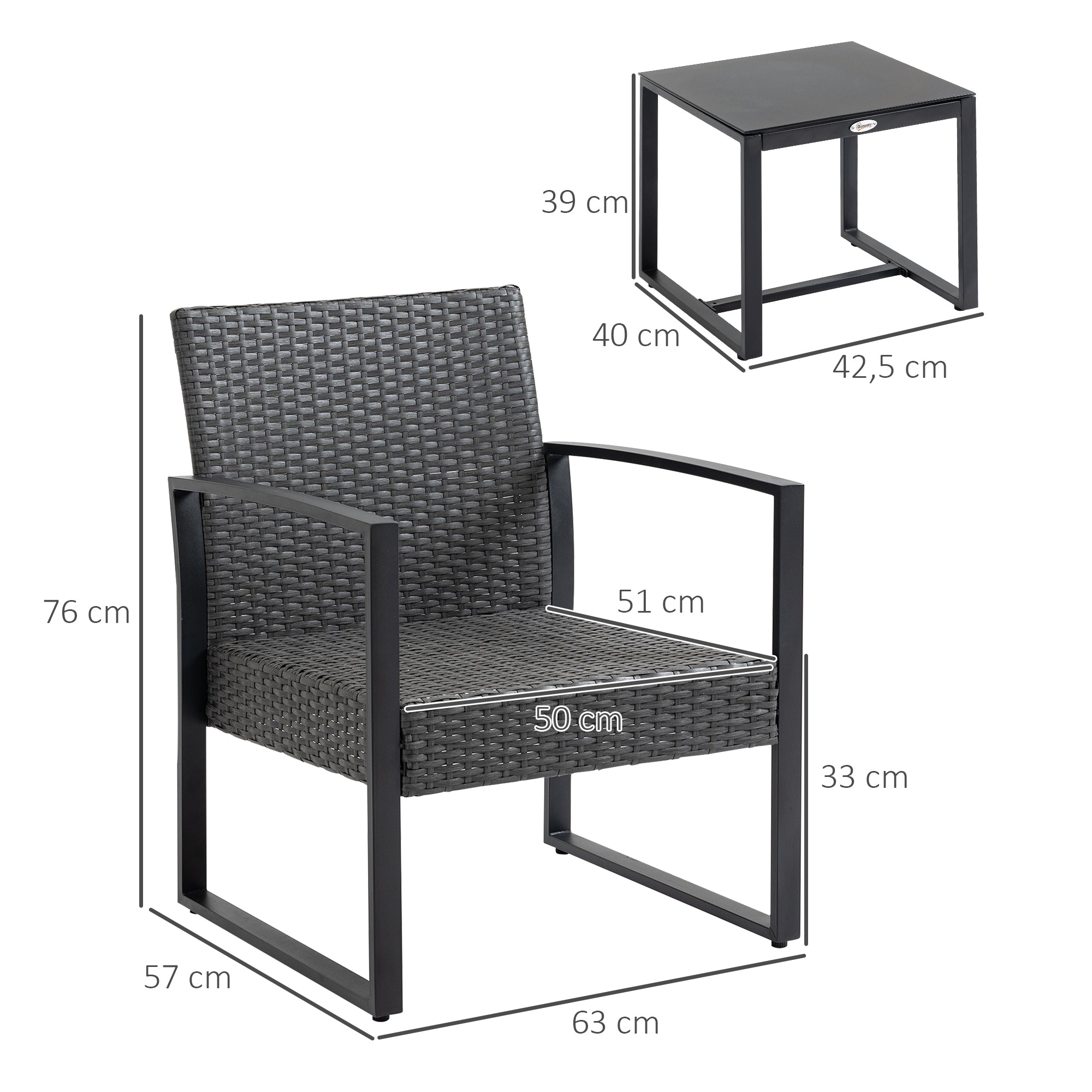 Conjunto de Móveis de Jardim de Vime 3 Peças com Mesa 42,5x40x39 cm e 2 Poltronas 63x57x76 cm - Cinzento e Preto