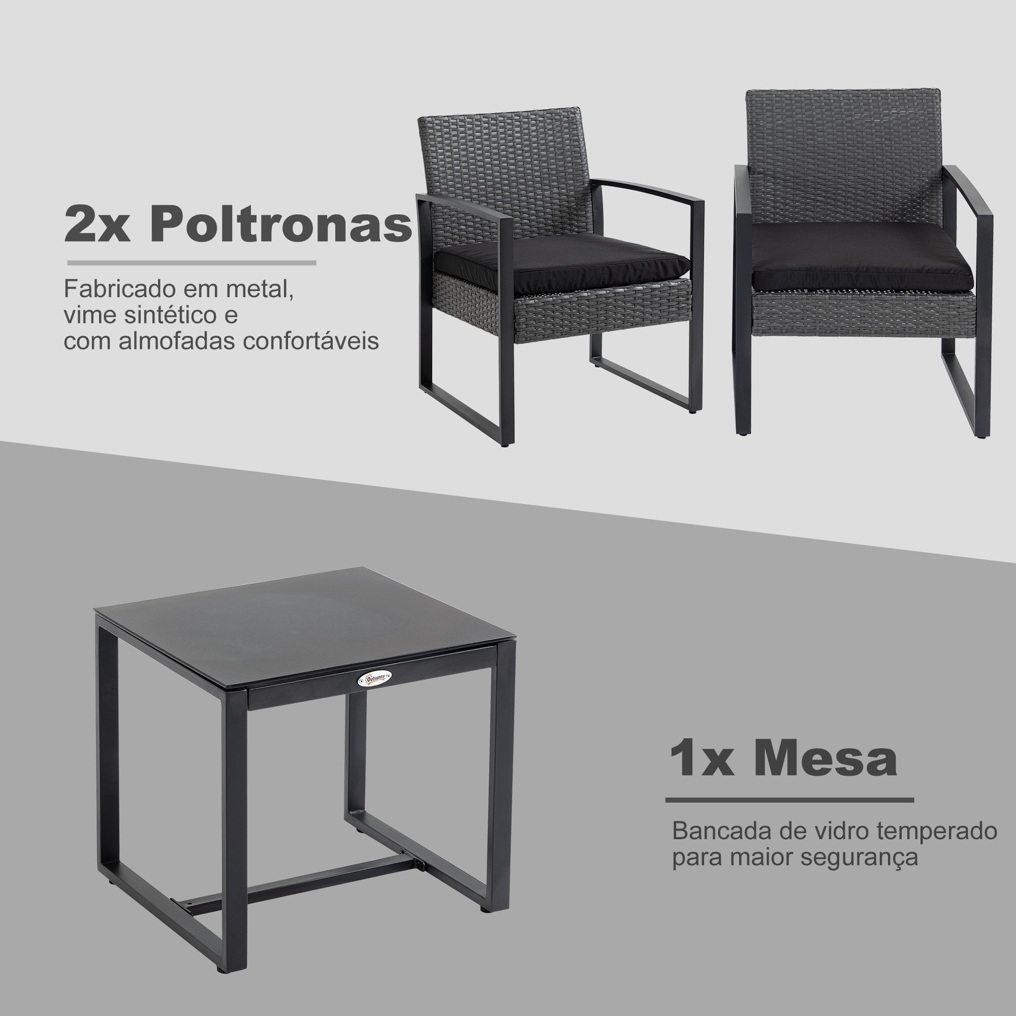 Conjunto de Móveis de Jardim de Vime 3 Peças com Mesa 42,5x40x39 cm e 2 Poltronas 63x57x76 cm - Cinzento e Preto