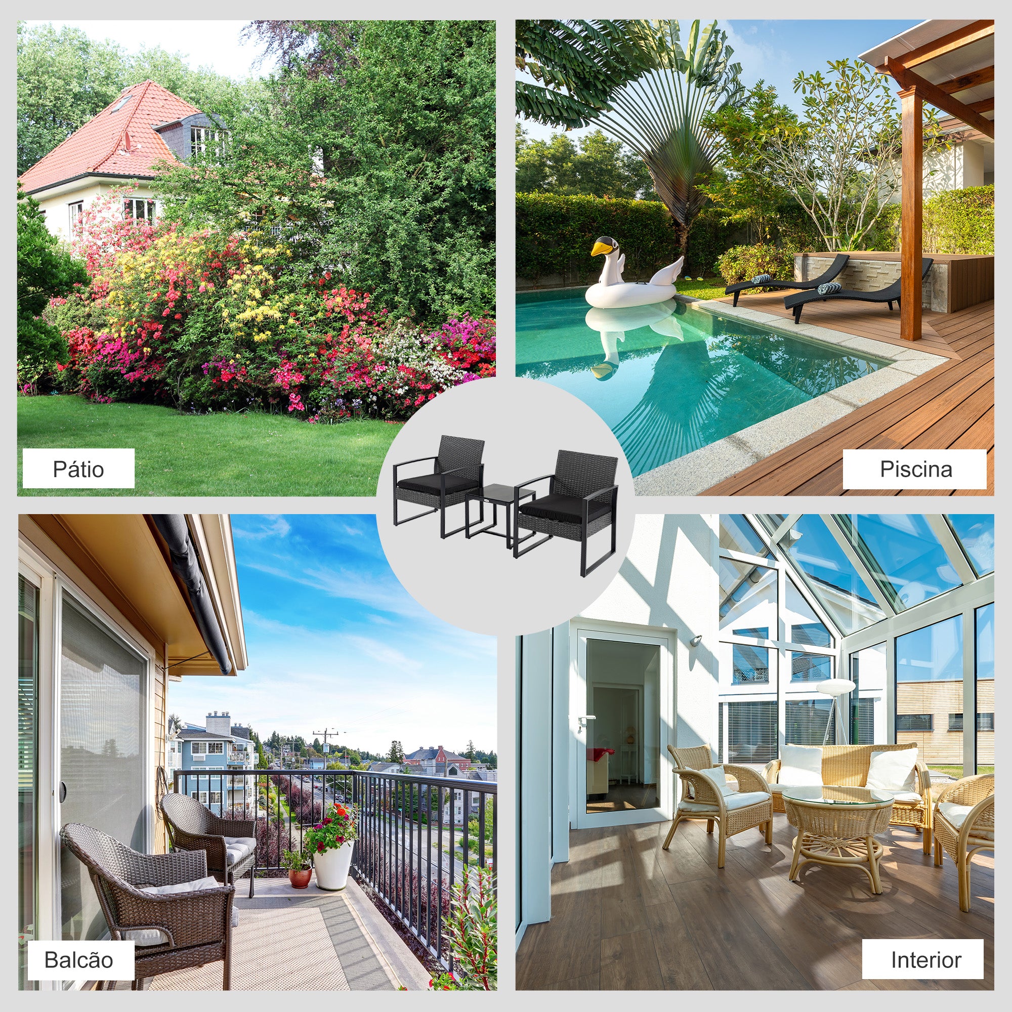 Conjunto de Móveis de Jardim de Vime 3 Peças com Mesa 42,5x40x39 cm e 2 Poltronas 63x57x76 cm - Cinzento e Preto