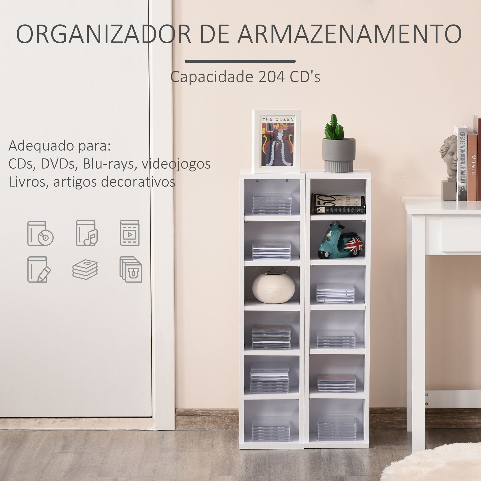 Estante para CD – 21x22,5x88,5cm – Branco – Melamina de madeira