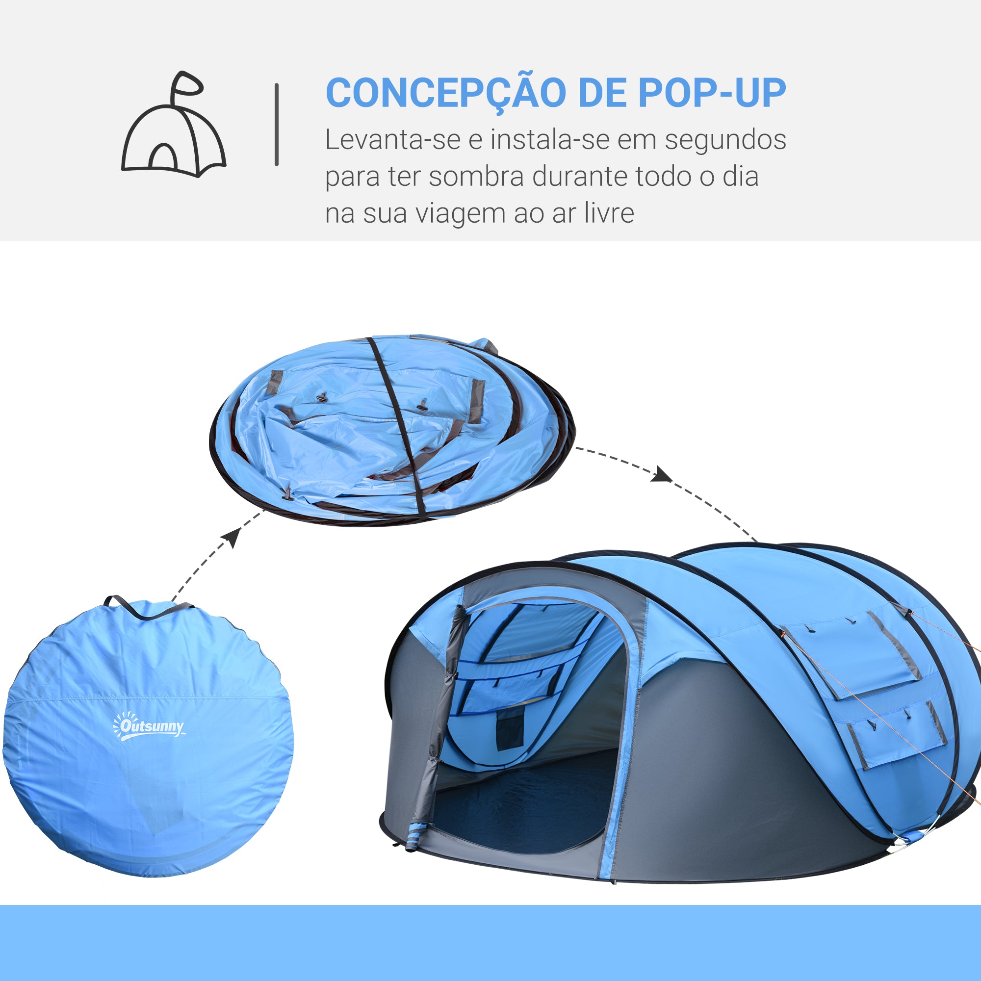 Tenda de Campismo Pop-up para 2-3 Pessoas - Azul e Cinza 263,5x220x123 cm