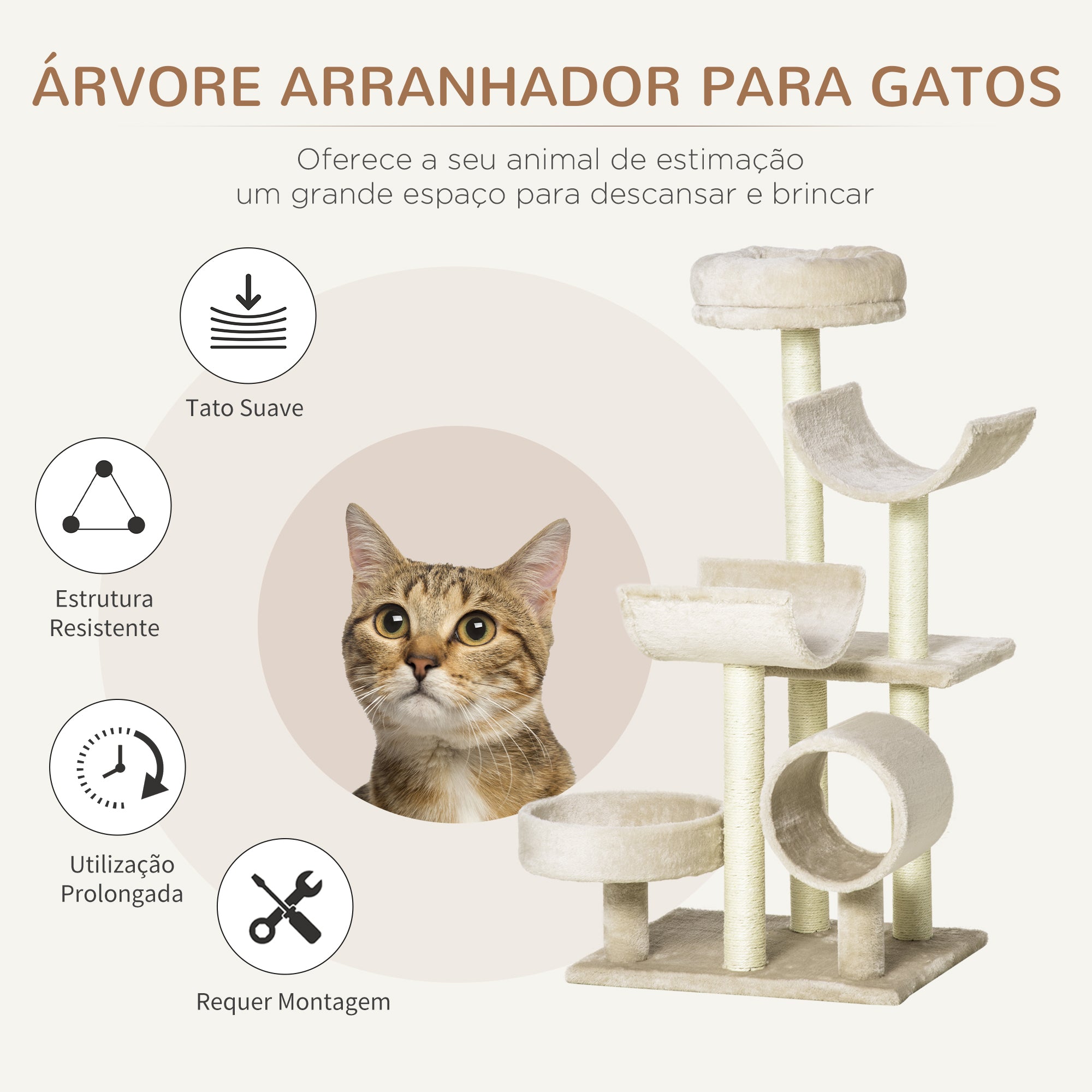 Raspador para Gatos Bege 50x40x105cm - Centro de Atividades com Plataformas e Tubo de Jogo