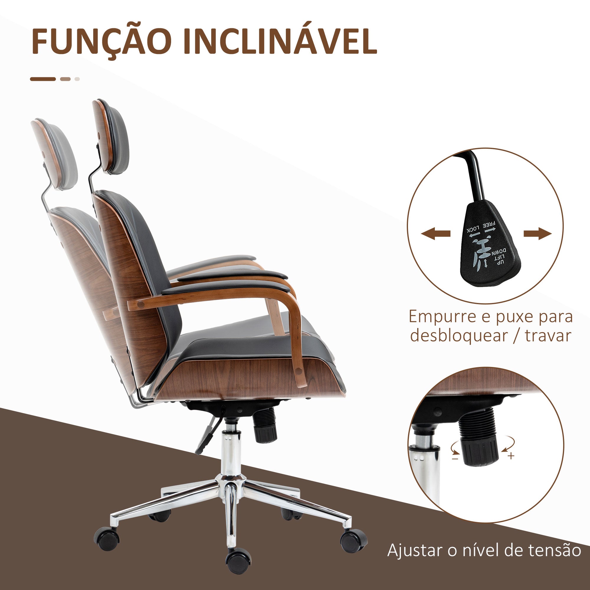 Cadeira de Escritório – 63x62x120 cm – Preto e Nogueira – Couro PU
