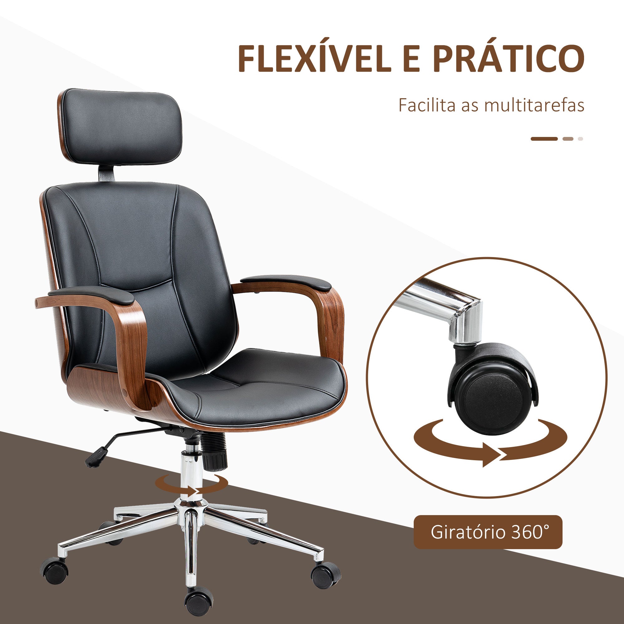 Cadeira de Escritório – 63x62x120 cm – Preto e Nogueira – Couro PU
