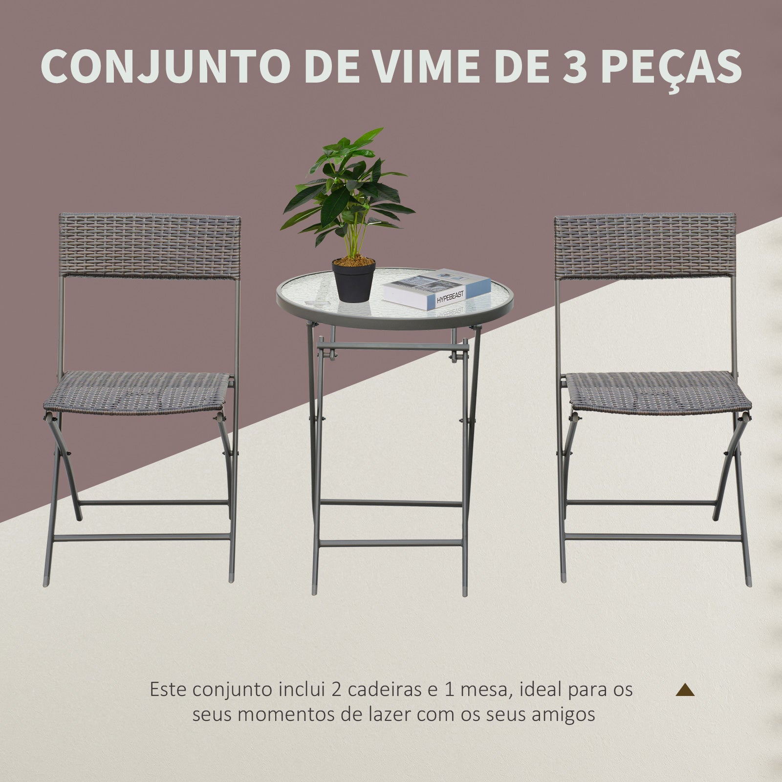 Conjunto Mesa e 2 Cadeiras Ratan Marrom 61x46x84 cm