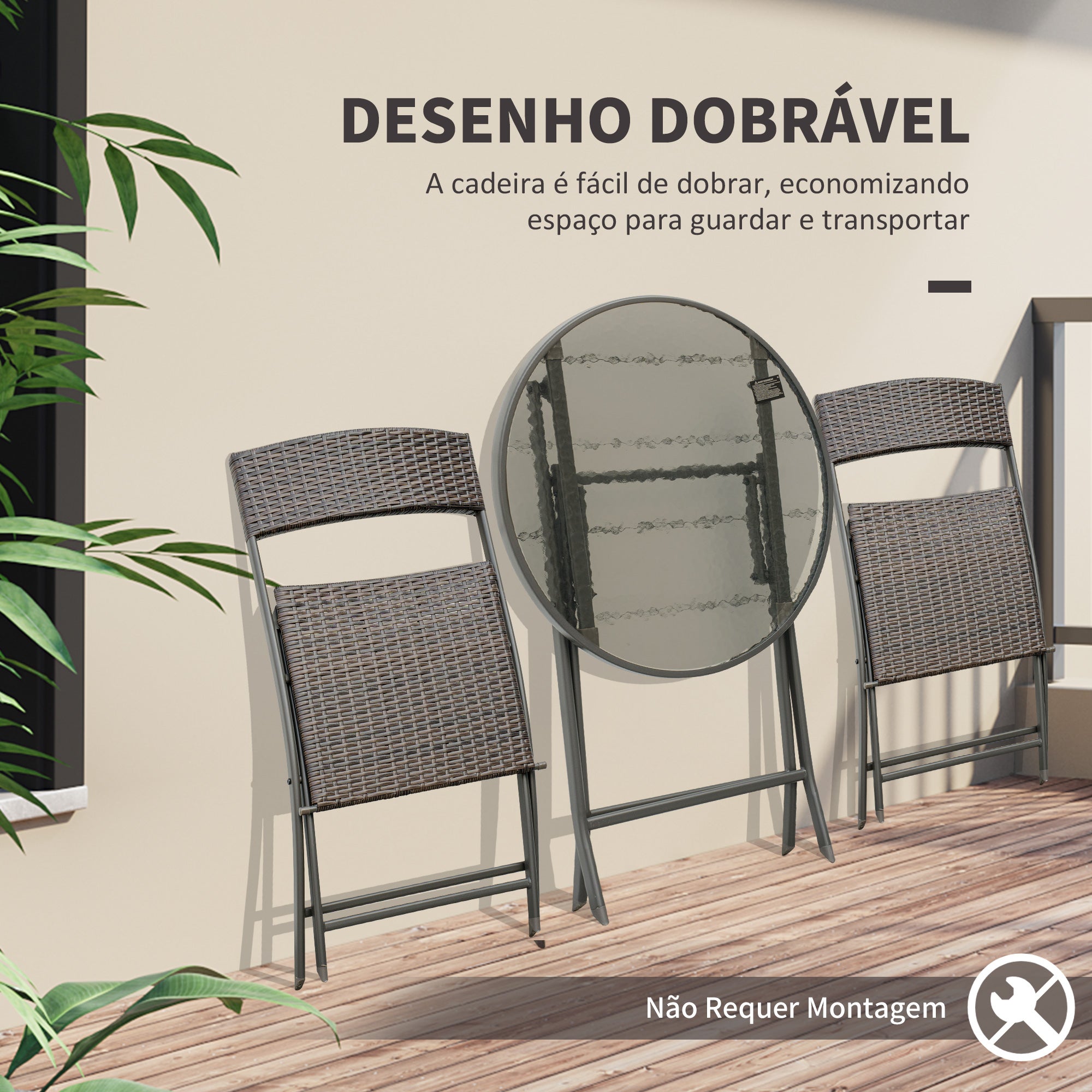 Conjunto Mesa e 2 Cadeiras Ratan Marrom 61x46x84 cm