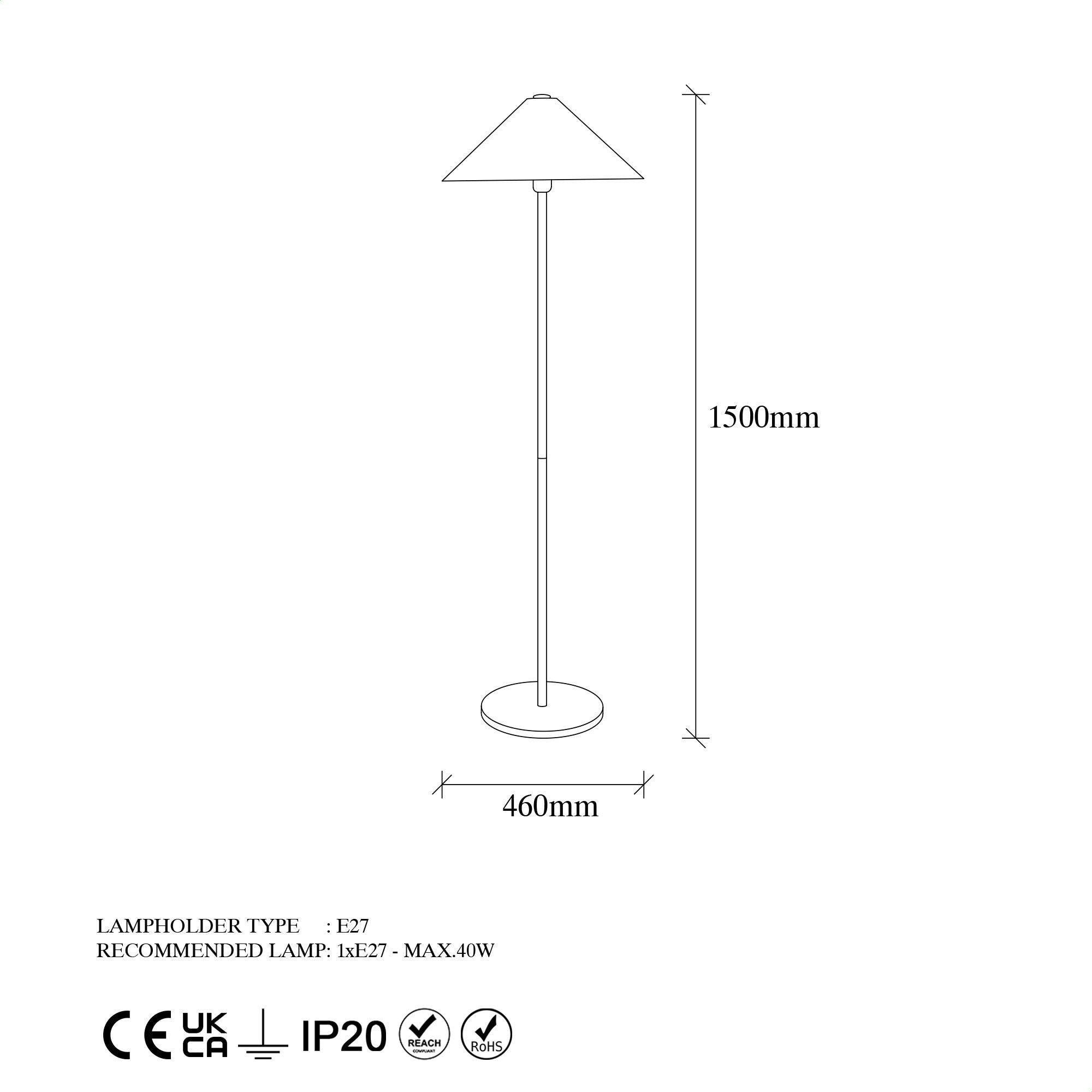 Candeeiro de Pé Elegante Dourada, Corpo de Metal, 46 x 46 x 150 cm | Base com 40 cm de Diâmetro, Soquete E27, Cabo de 200 cm | Iluminação Elegante para Decoração Moderna
