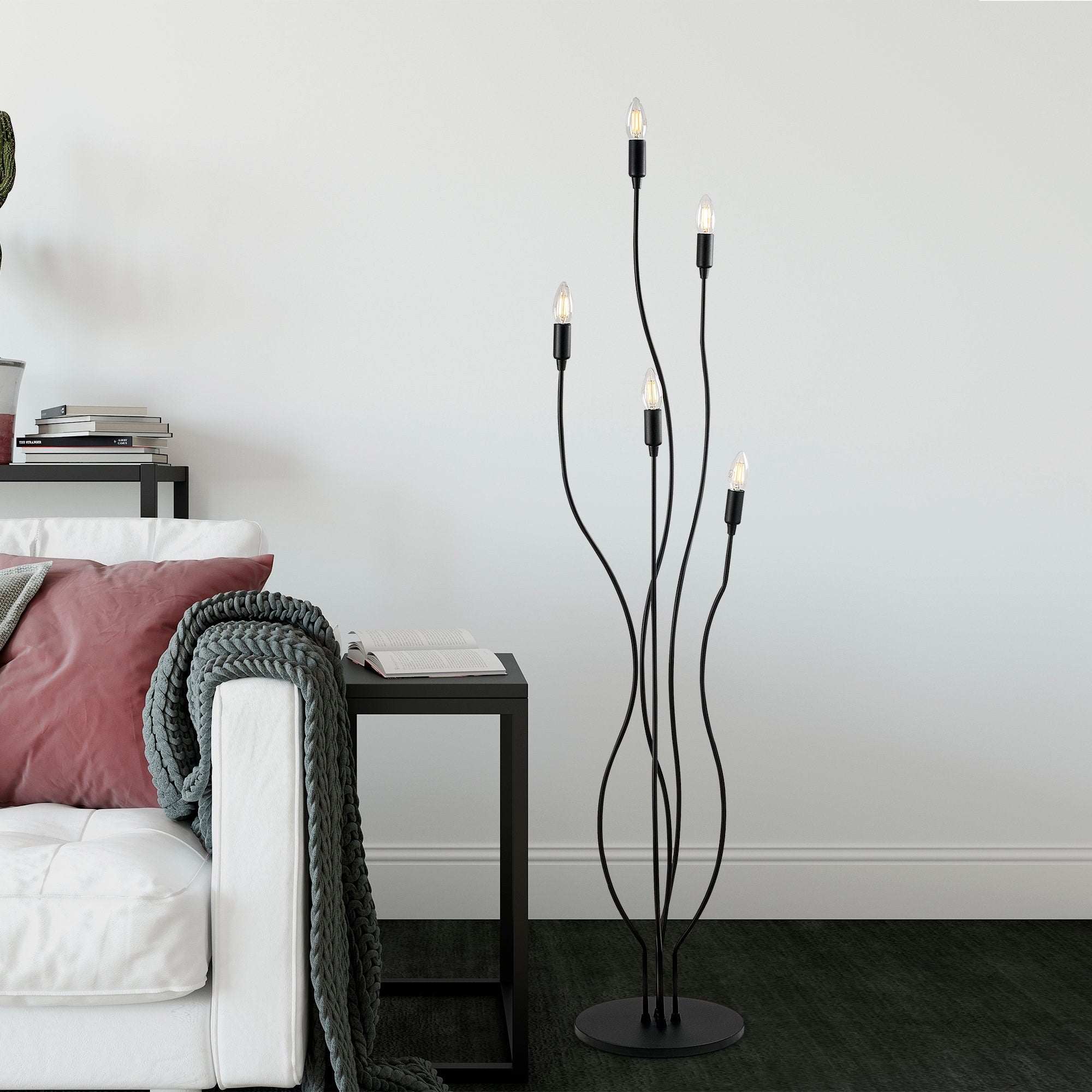 Candeeiro de Pé preta e elegante, corpo de metal, 35 x 35 x 155 cm | 5 soquetes E14, máx. 40 W | Design elegante para salas de estar e escritórios modernos, classificação IP20