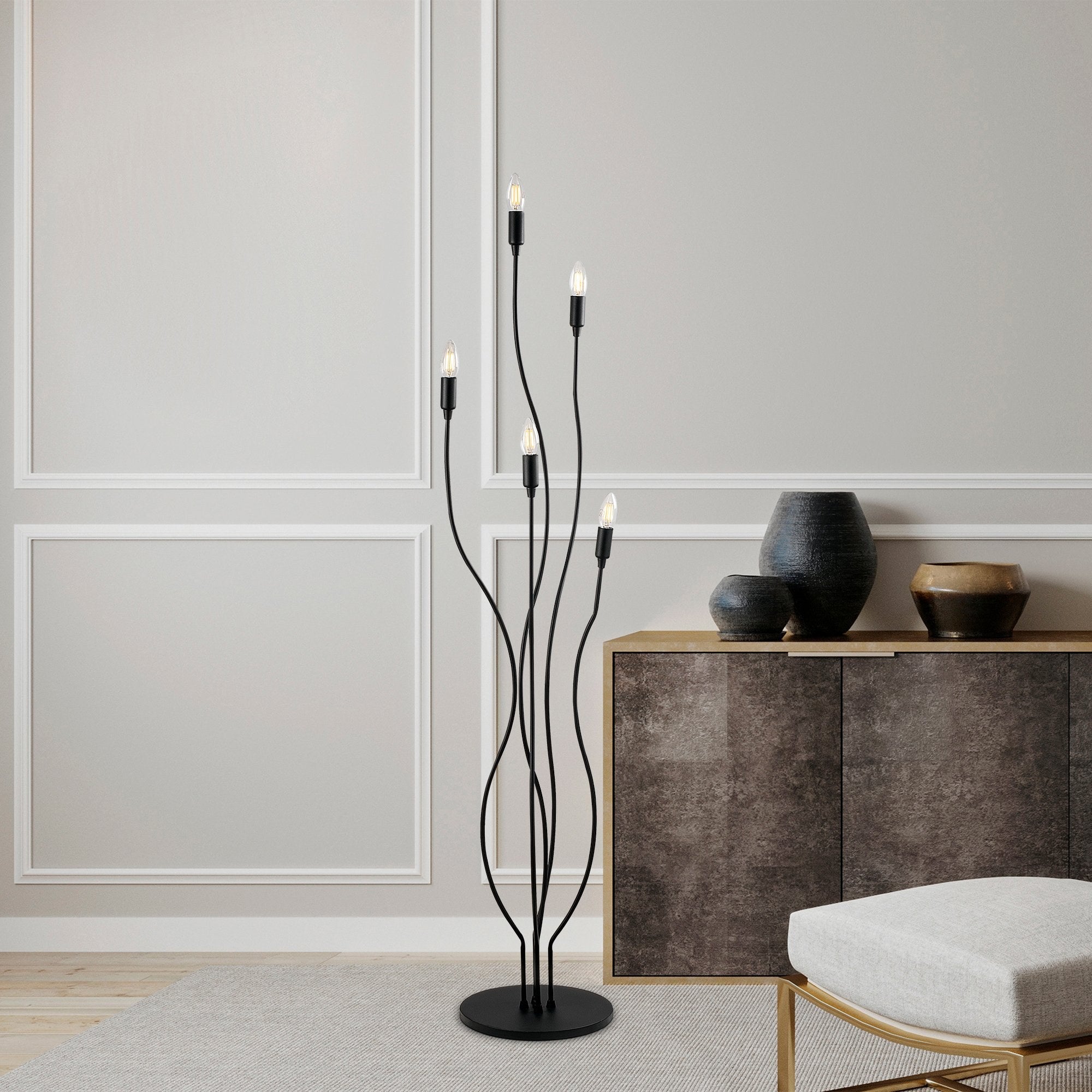 Candeeiro de Pé preta e elegante, corpo de metal, 35 x 35 x 155 cm | 5 soquetes E14, máx. 40 W | Design elegante para salas de estar e escritórios modernos, classificação IP20