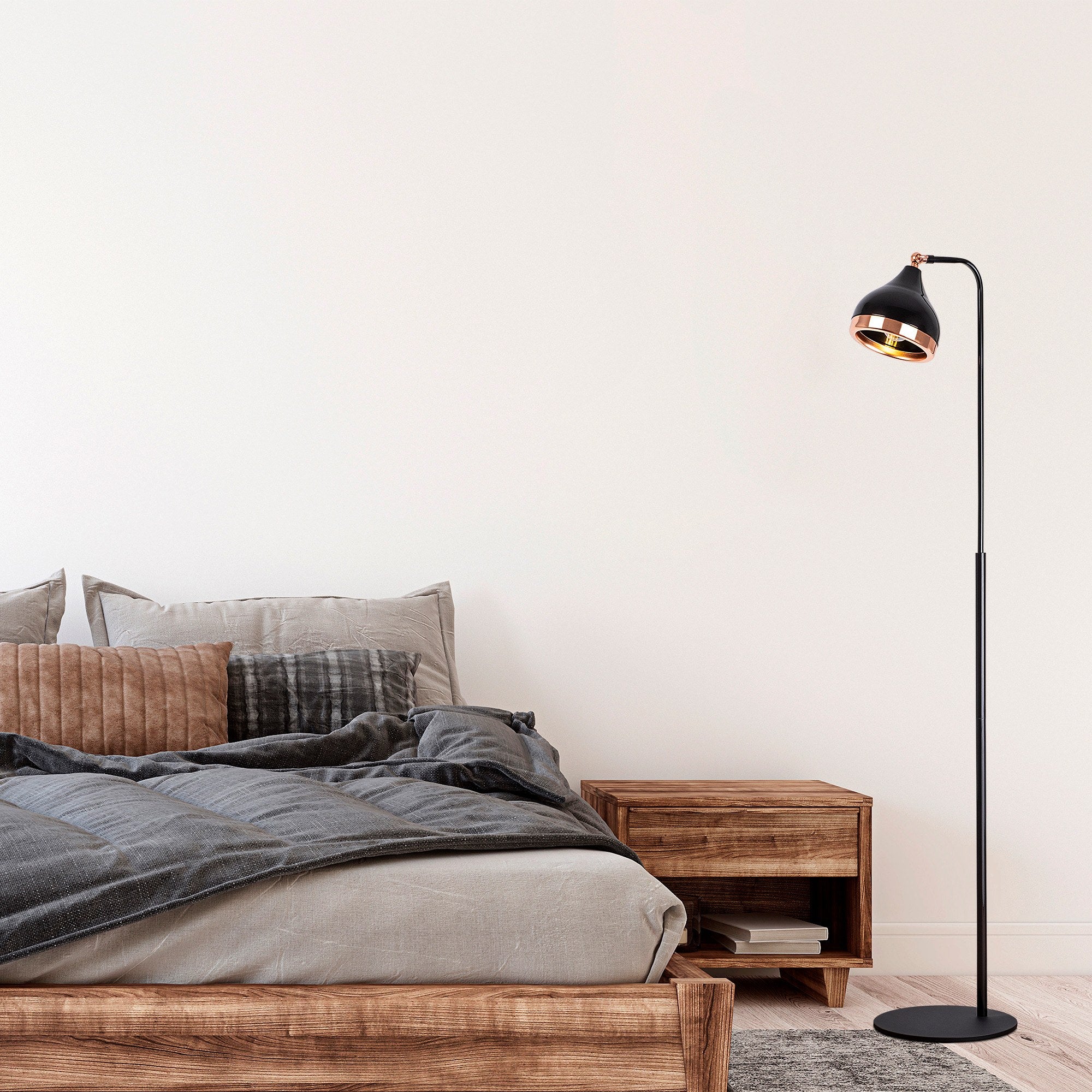 Candeeiro de Pé Elegante com Corpo em Metal, Preta e Cobre, 150 cm de Altura, Base 40 x 28 cm, Soquete E27, IP20 | Ideal para Salas de Estar e Escritórios Modernos