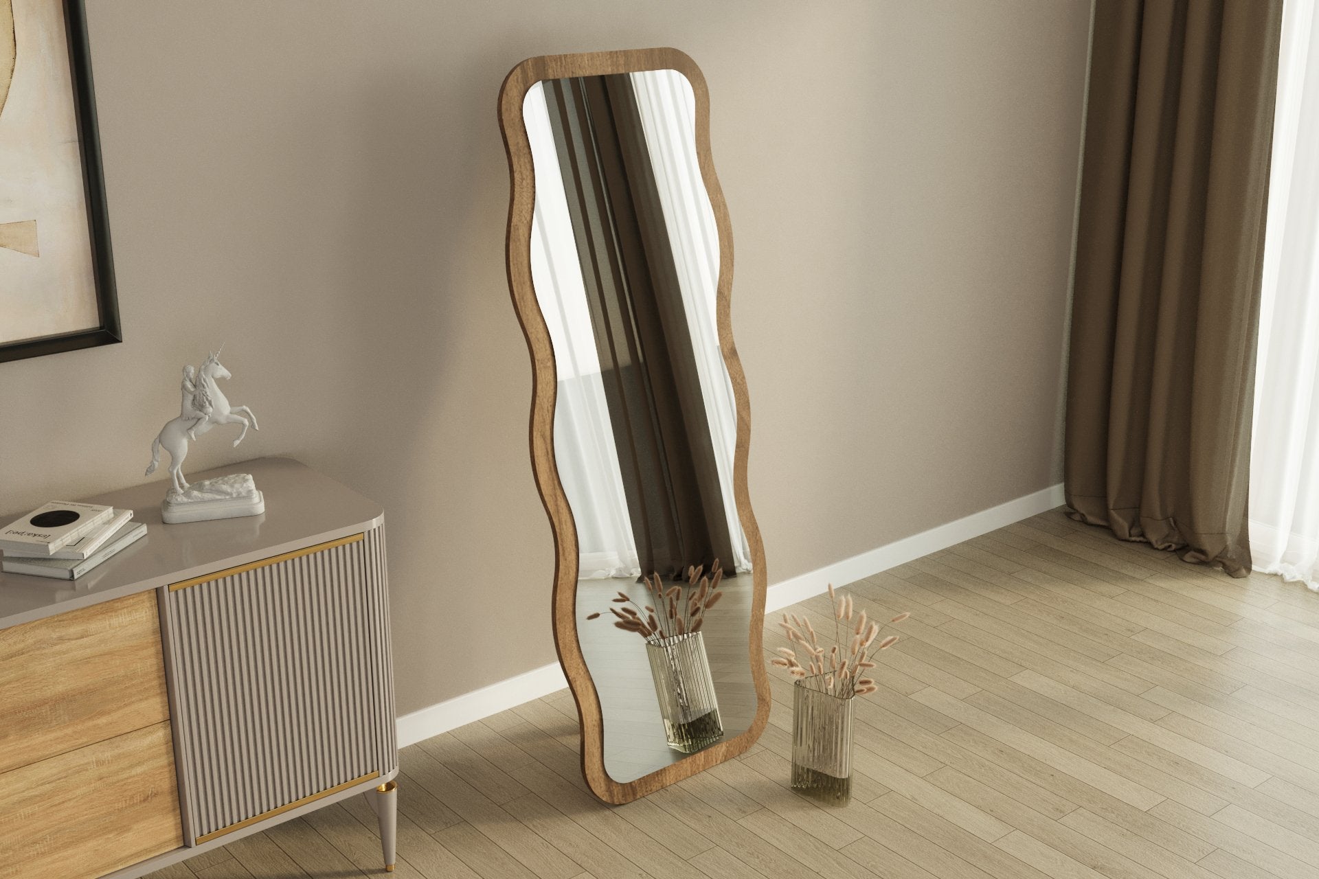 Espelho de parede elegante em nogueira, 50 x 160 x 2,2 cm | 100% MDF, Flotal-E ecológico | Decoração elegante para casa, perfeito para sala de estar e hall de entrada