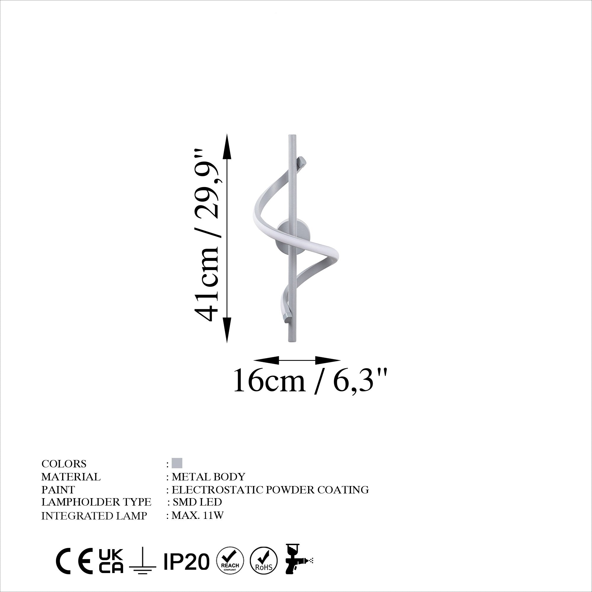 Candeeiro de Parede cinza elegante, corpo de metal, 16 x 41 x 25 cm | LED SMD 11 W 3000 K | Classificação IP20, perfeita para decoração moderna e iluminação ambiente