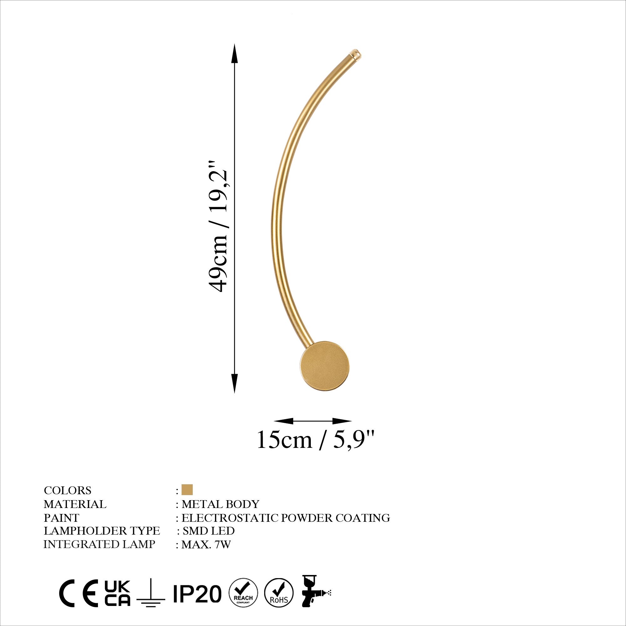 Candeeiro de Parede Elegante Dourada, Corpo em Metal, 49 x 15 x 10 cm | LED SMD 7W 3000K | Iluminação Elegante para Decoração e Ambiente Modernos