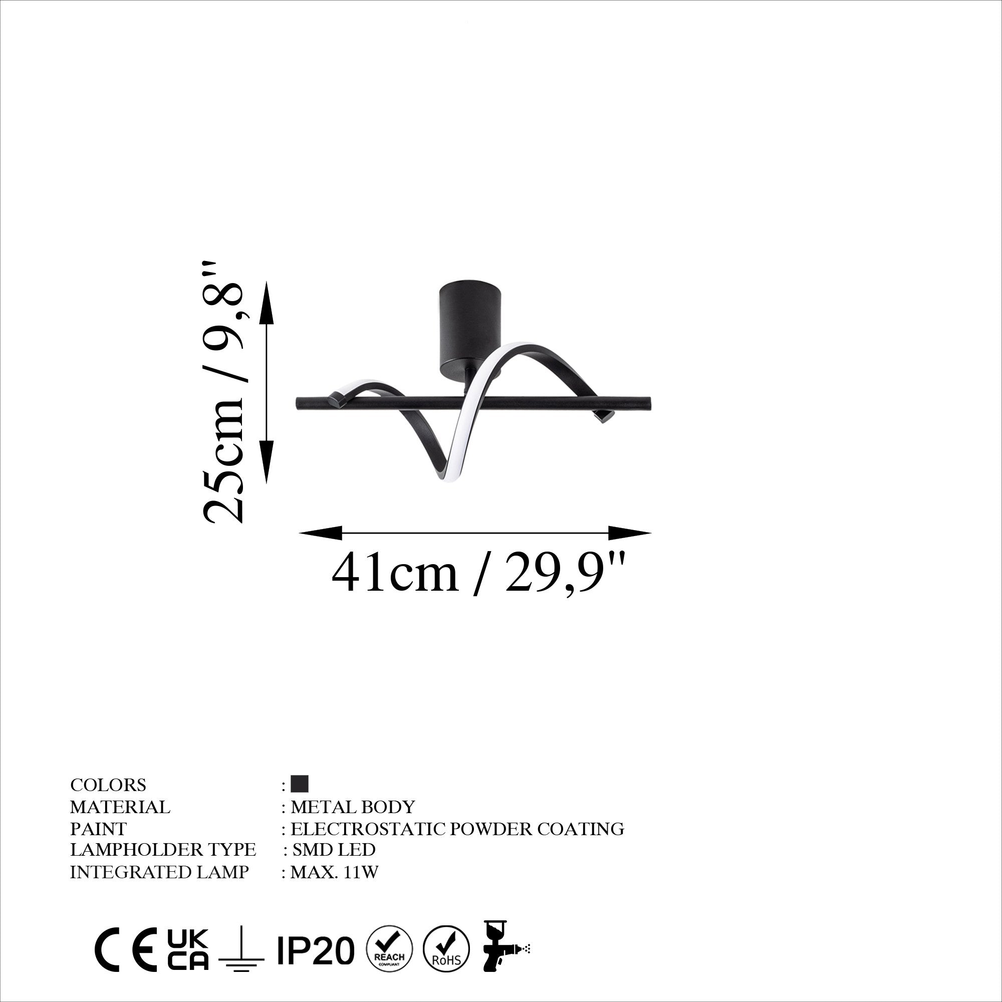 Candeeiro de Teto Preto Elegante, Corpo em Metal, 41 x 25 x 16 cm | LED SMD 11W 3000K | Iluminação Elegante para Decoração e Ambiente Modernos