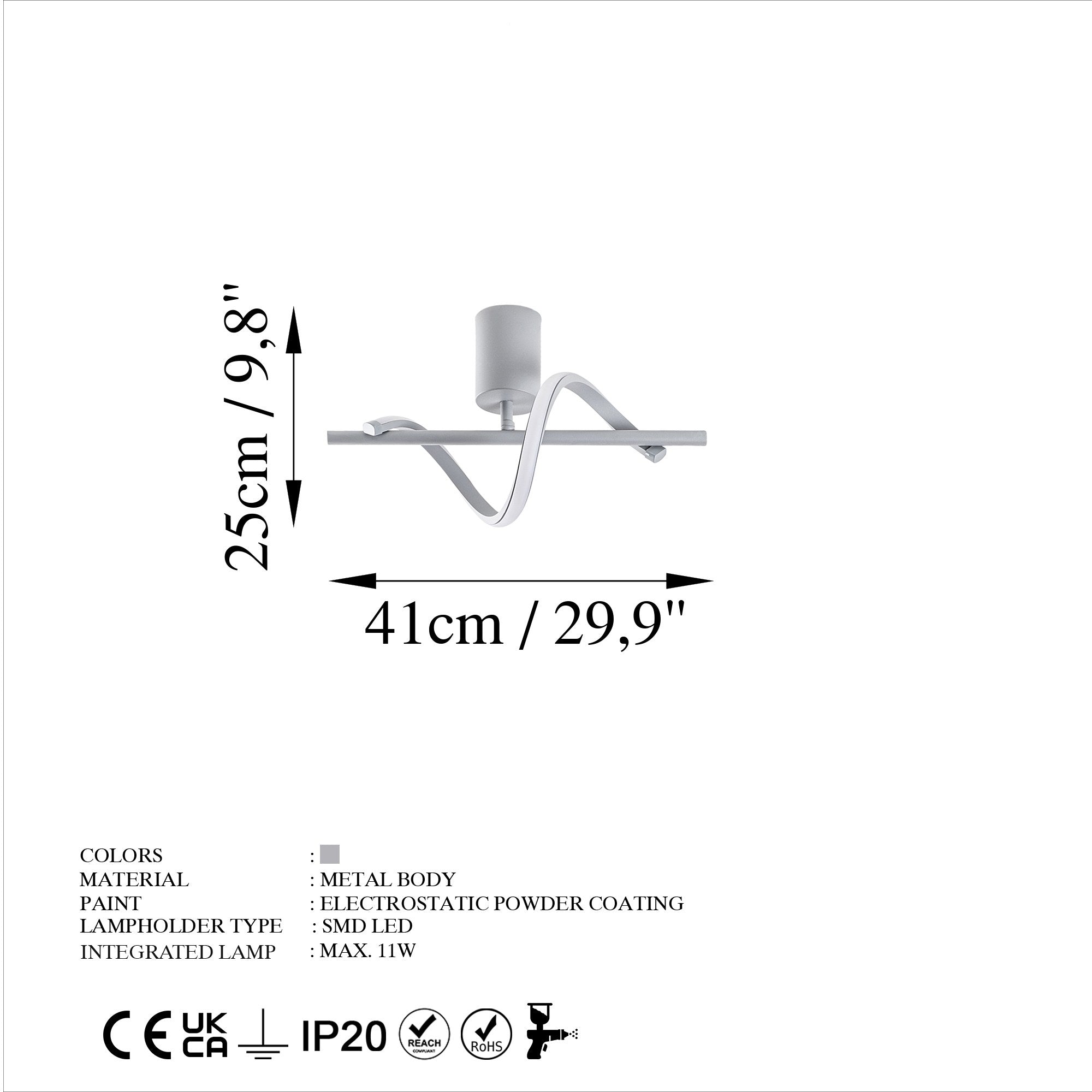 Candeeiro de Teto Cinza Elegante, Corpo em Metal, 41 x 16 x 25 cm | LED SMD 11W 3000K | Iluminação Elegante para Decoração Moderna, Classificação IP20