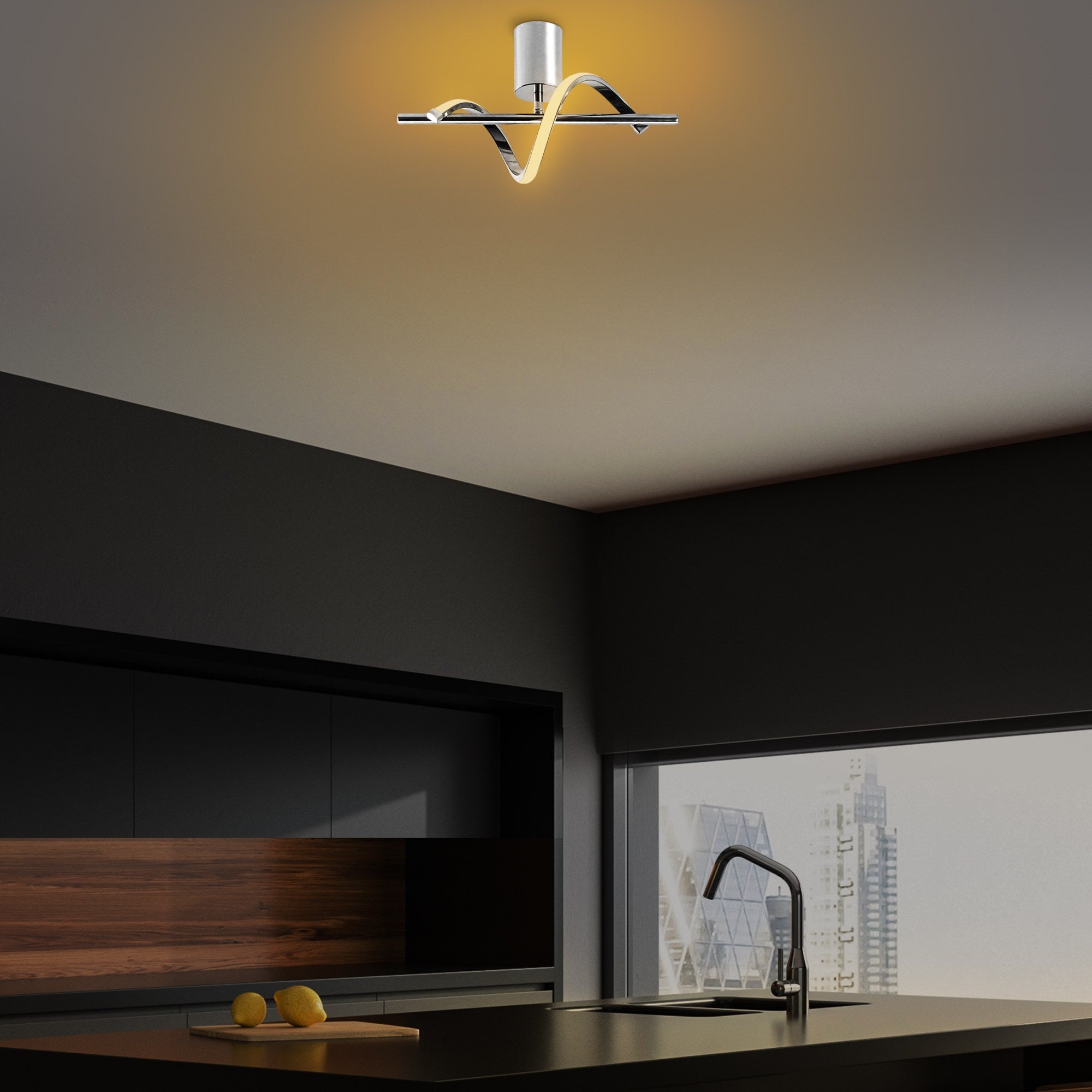 Candeeiro de Teto Cromado Elegante, Corpo em Metal, 41 x 25 x 16 cm | LED SMD 11W 3000K | Iluminação Elegante para Decoração Moderna de Casa e Salas de Jantar