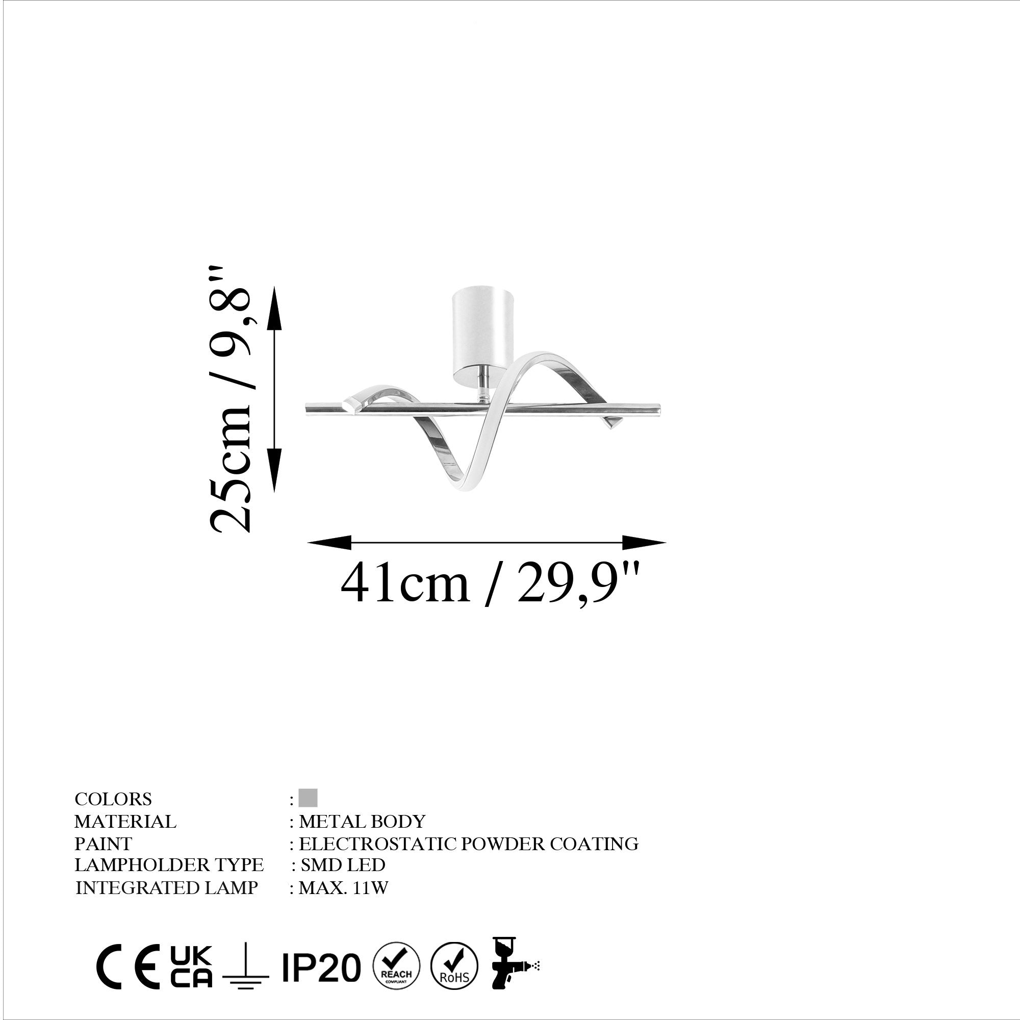 Candeeiro de Teto Cromado Elegante, Corpo em Metal, 41 x 25 x 16 cm | LED SMD 11W 3000K | Iluminação Elegante para Decoração Moderna de Casa e Salas de Jantar