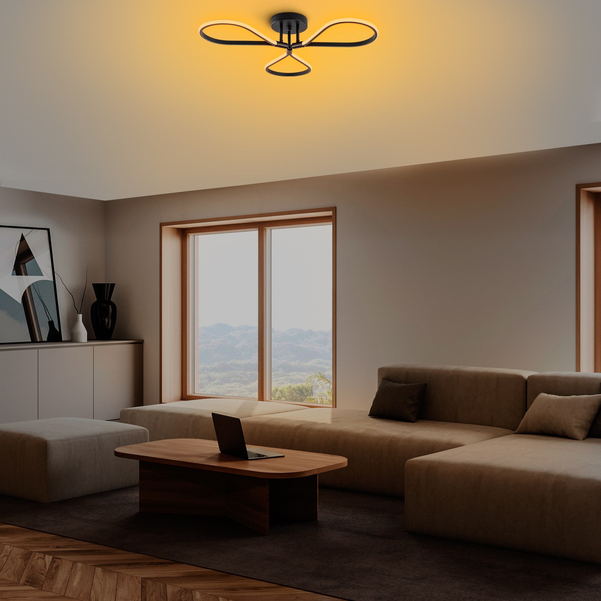 Candeeiro de Teto Preto Elegante, Corpo em Metal, 68 cm de Largura, 14 cm de Altura | LED SMD 3 x 11 W 3000 K | Iluminação Elegante para Decoração Moderna