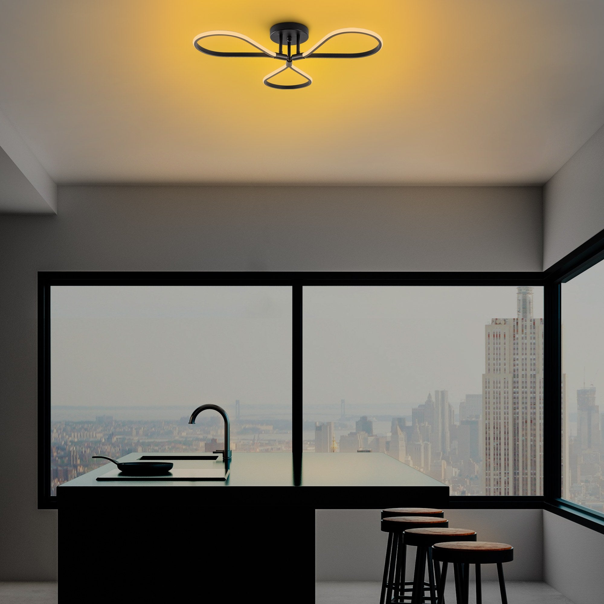 Candeeiro de Teto Preto Elegante, Corpo em Metal, 68 cm de Largura, 14 cm de Altura | LED SMD 3 x 11 W 3000 K | Iluminação Elegante para Decoração Moderna