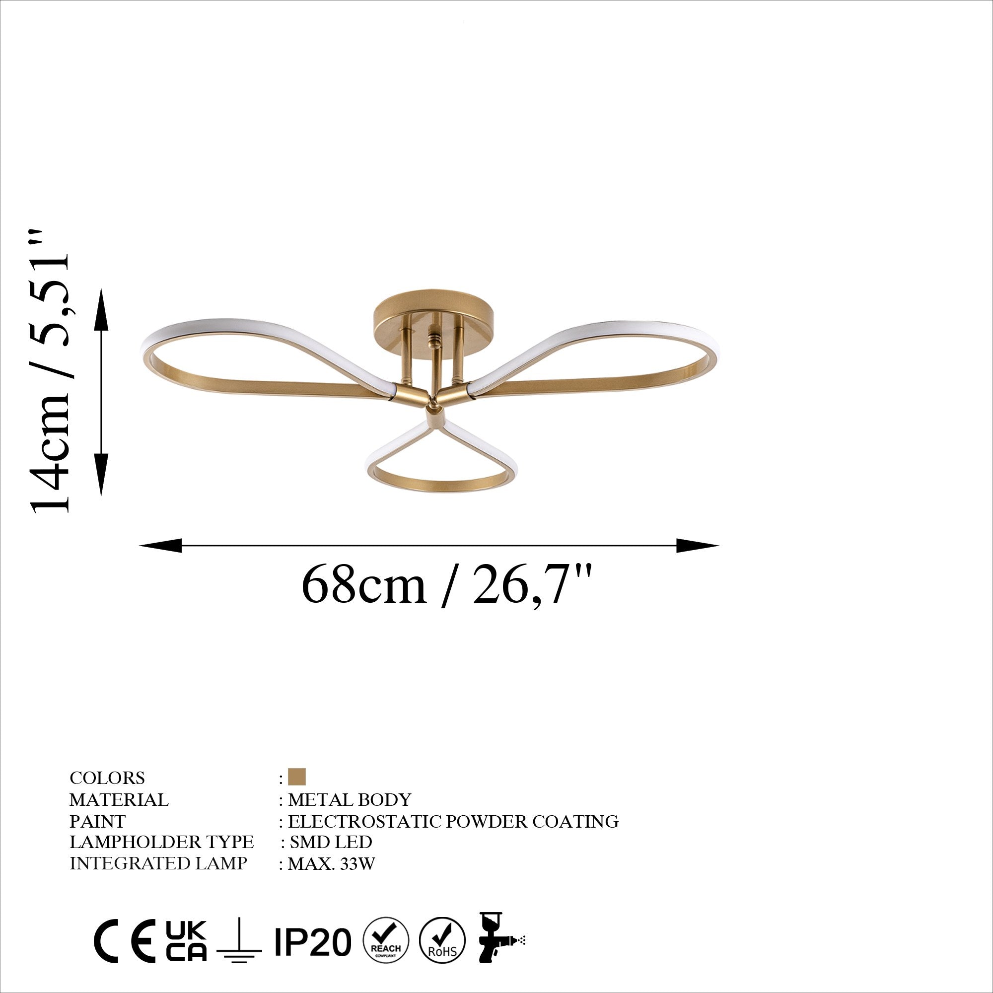 Candeeiro de Teto Dourado Elegante, Corpo em Metal, 68 x 14 x 68 cm | LED SMD 3 x 11 W 3000 K | Iluminação Elegante para Decoração e Ambiente Modernos