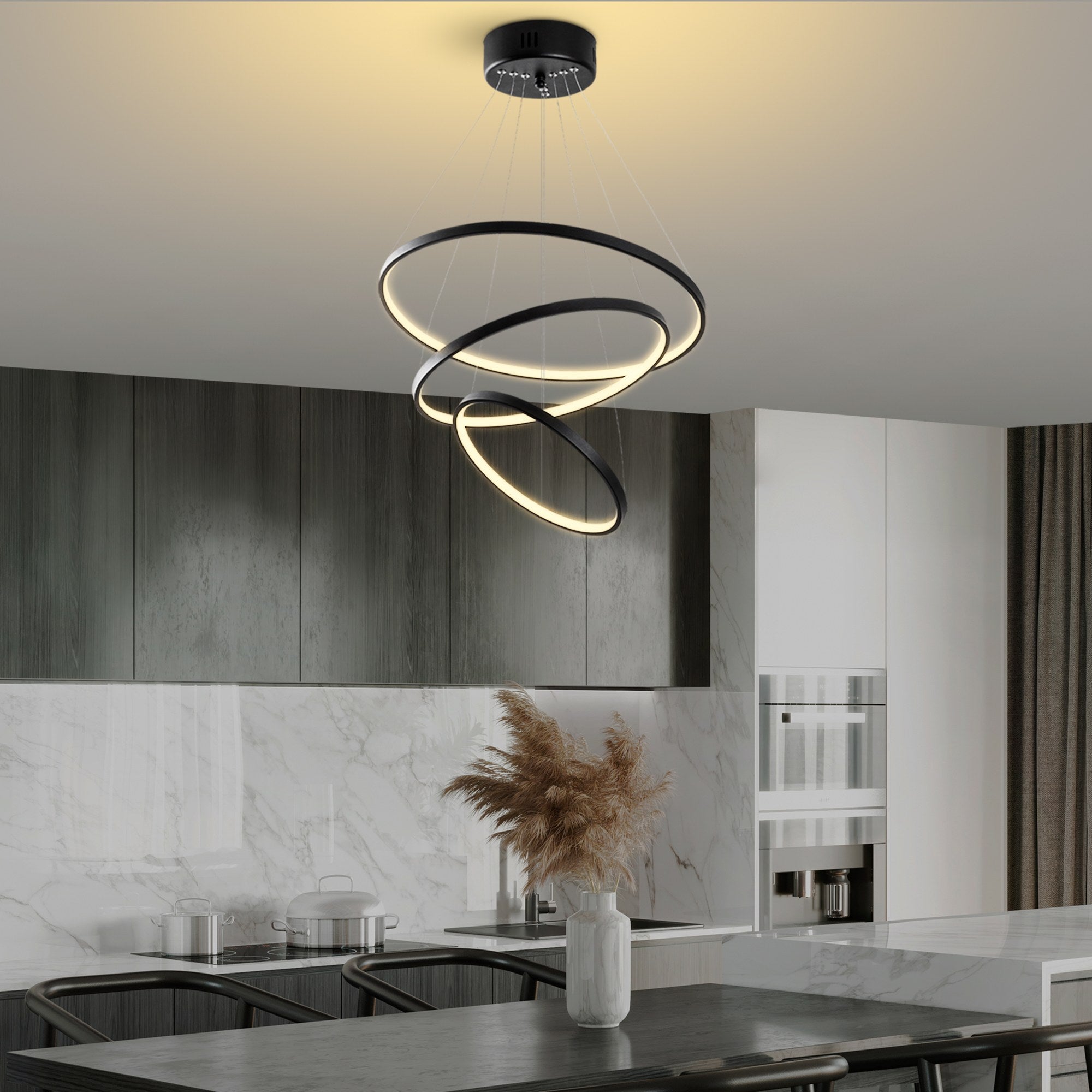 Candeeiro de Teto Preto Elegante, Corpo em Metal, 50 cm de Largura x 80 cm de Altura | LED SMD 28W 3000K | Iluminação Elegante para Decoração e Ambiente Modernos