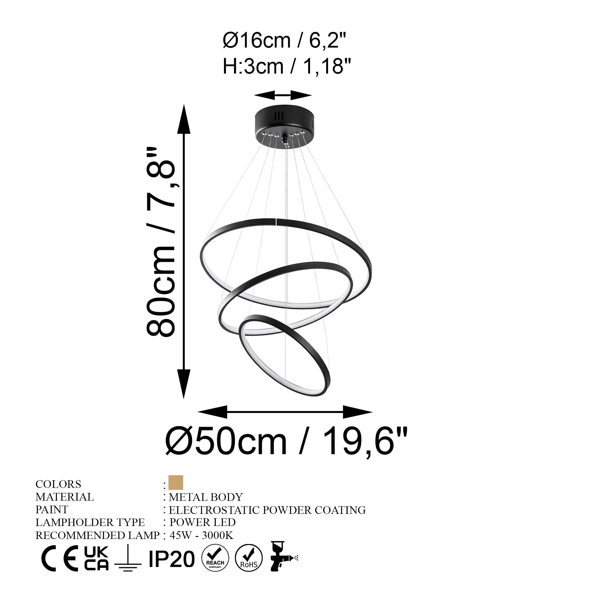 Candeeiro de Teto Preto Elegante, Corpo em Metal, 50 cm de Largura x 80 cm de Altura | LED SMD 28W 3000K | Iluminação Elegante para Decoração e Ambiente Modernos