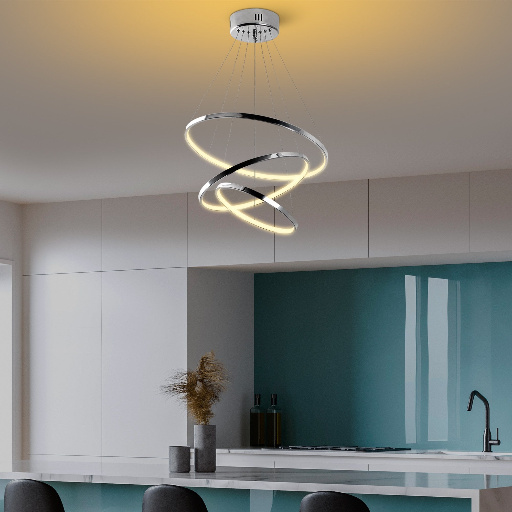 Candeeiro de Teto Cromado Elegante, Corpo em Metal, 50 cm de Largura x 80 cm de Altura | LED SMD 28W 3000K | Iluminação Elegante para Decoração e Ambiente Modernos
