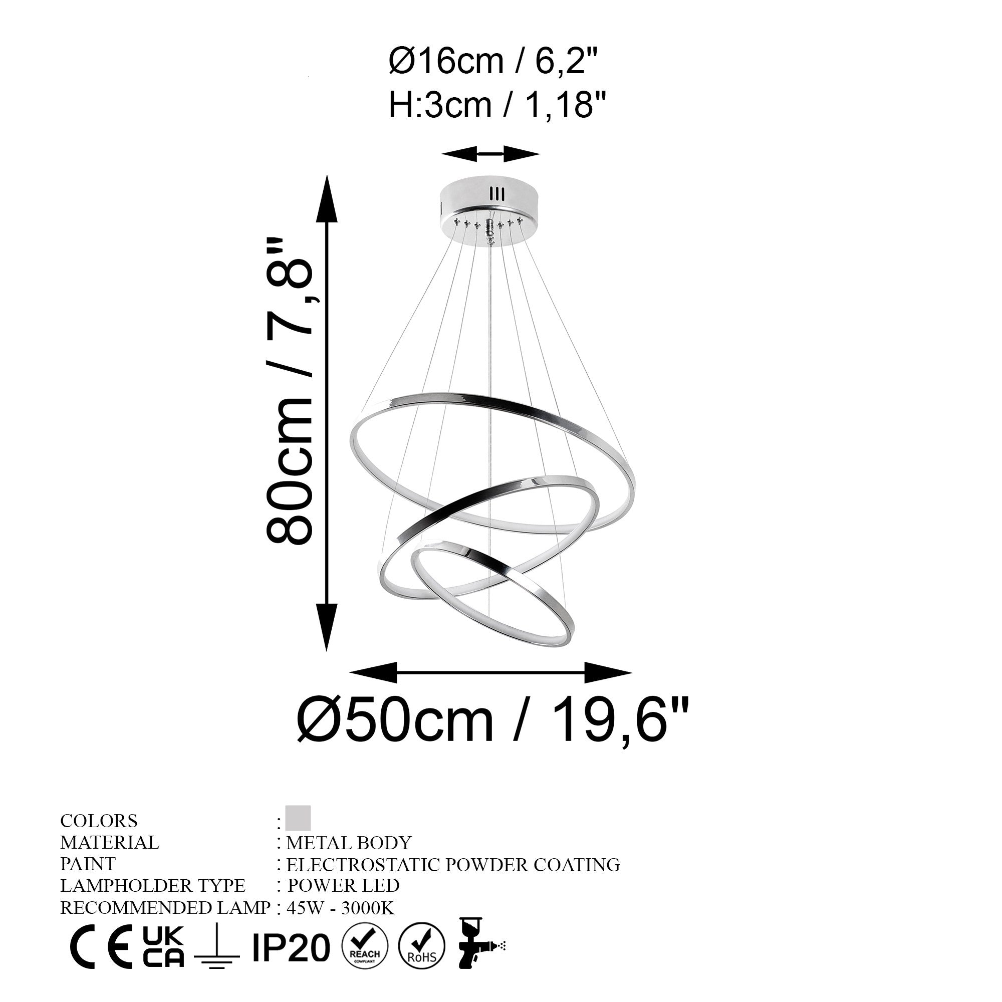 Candeeiro de Teto Cromado Elegante, Corpo em Metal, 50 cm de Largura x 80 cm de Altura | LED SMD 28W 3000K | Iluminação Elegante para Decoração e Ambiente Modernos