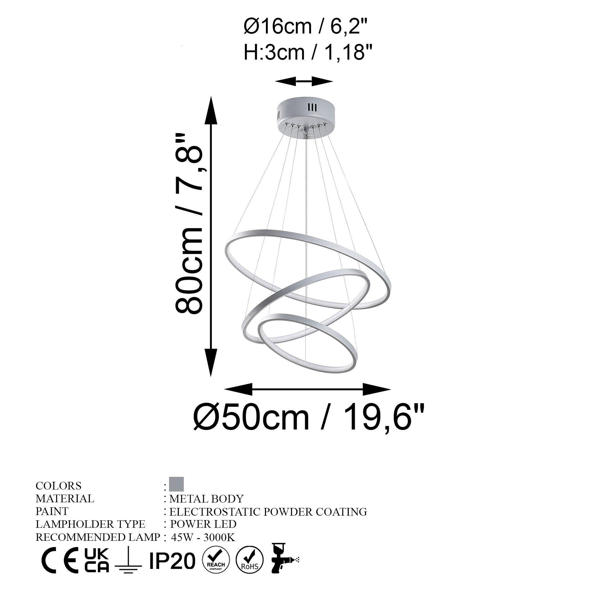 Candeeiro de Teto Cinza Elegante, Corpo de Metal, 50 cm de Largura x 80 cm de Altura | LED SMD 28W 3000K | Iluminação Elegante para Decoração e Ambiente Modernos