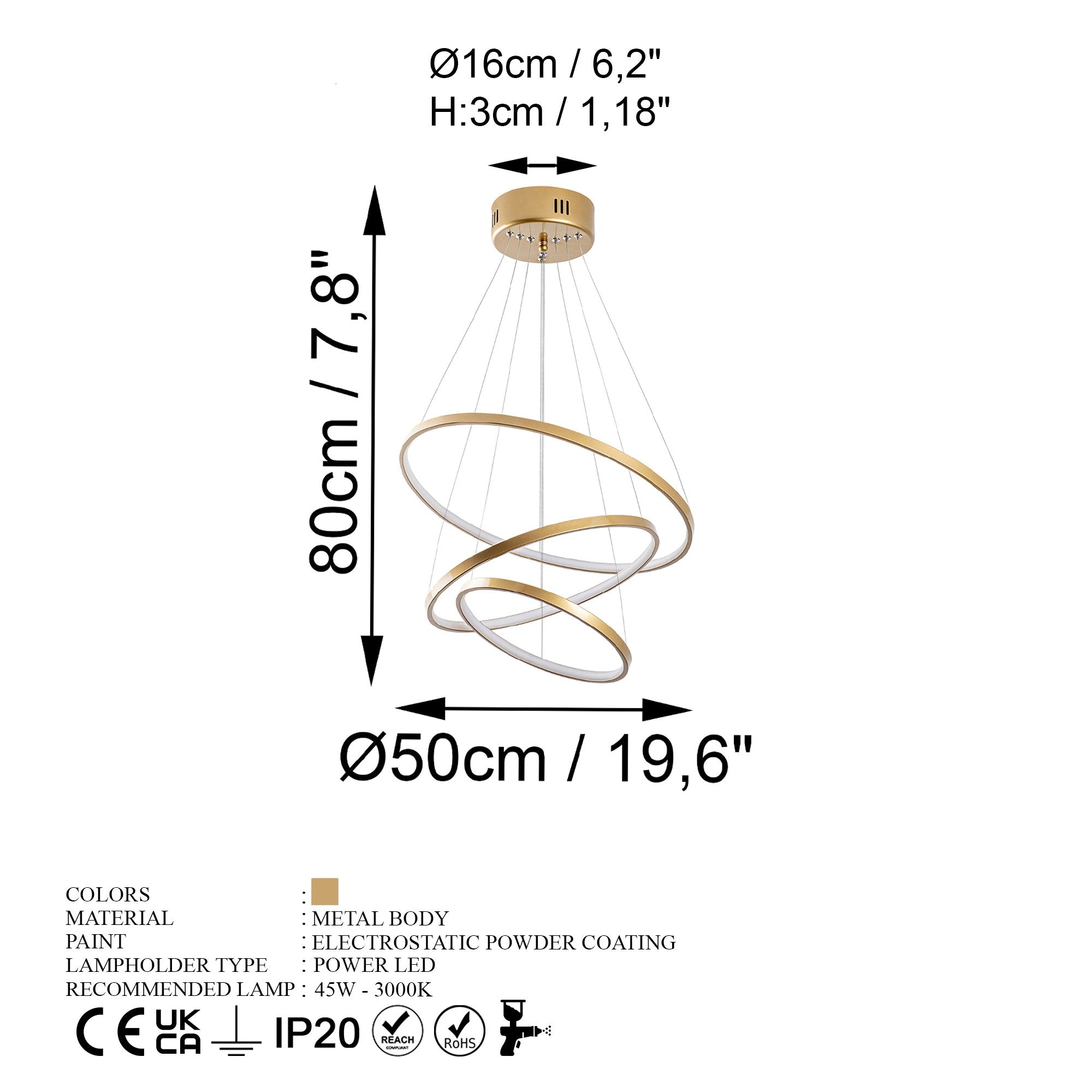 Candeeiro de Teto Dourado Elegante, Corpo em Metal, 50 cm de Largura x 80 cm de Altura | LED SMD 28W 3000K | Iluminação Elegante para Decoração e Ambiente Modernos