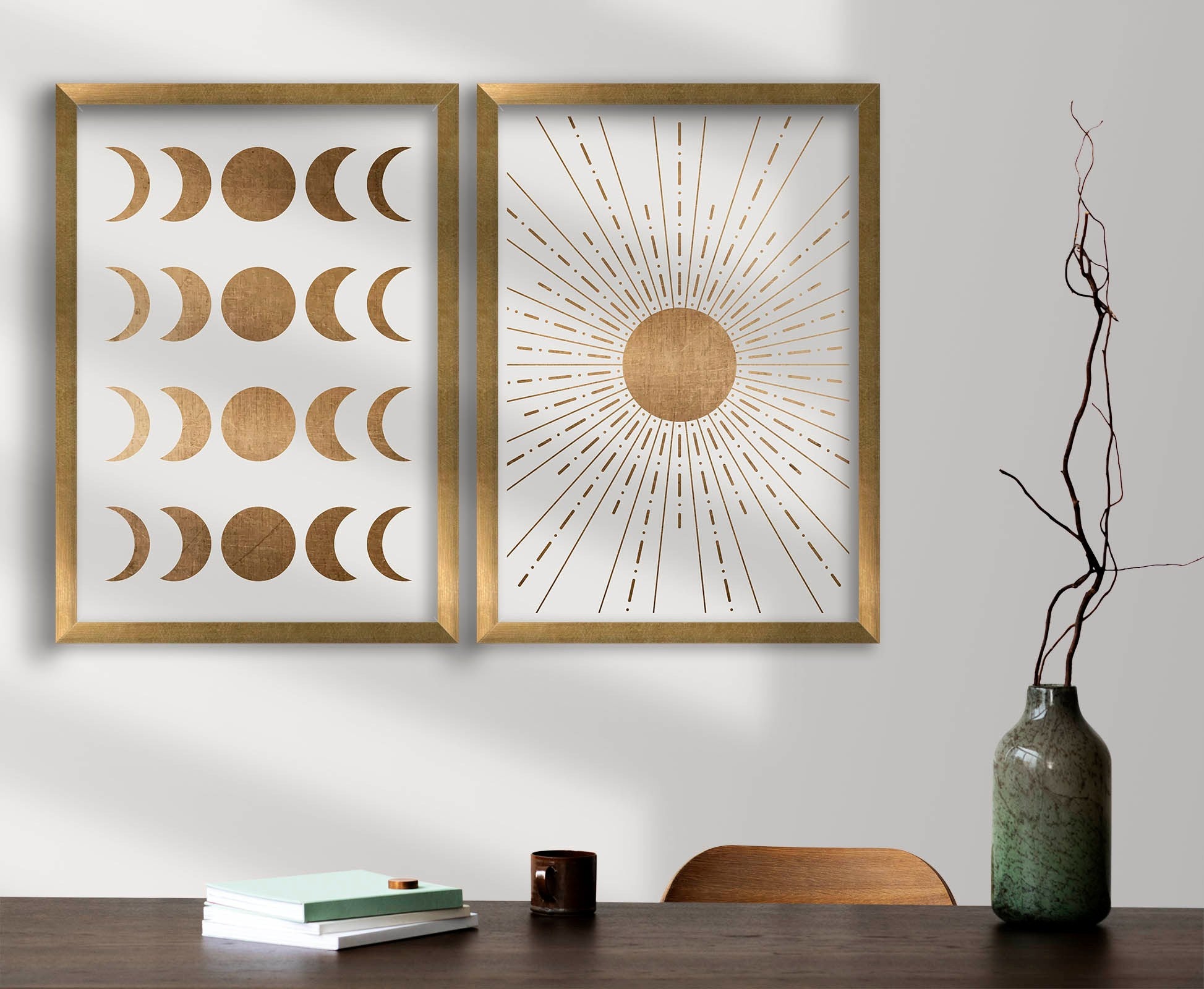 Conjunto de 2 Quadros Decorativos MDF 38x53 cm com Moldura de Madeira – Castanho, Mink e Branco