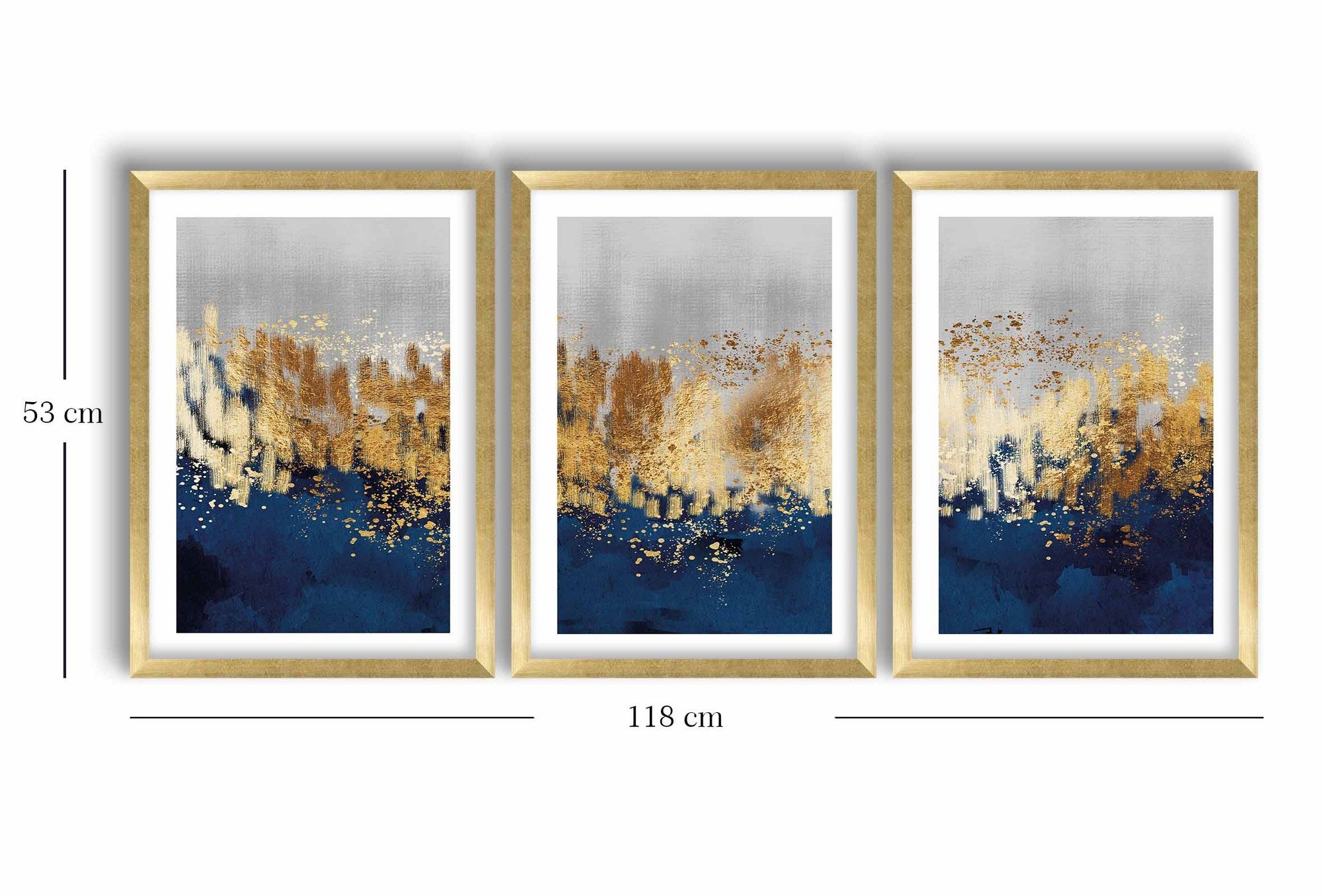 Quadro Decorativo em MDF com Moldura de Madeira (3 Peças) 38x53 cm – Dourado, Azul‑marinho e Cinzento