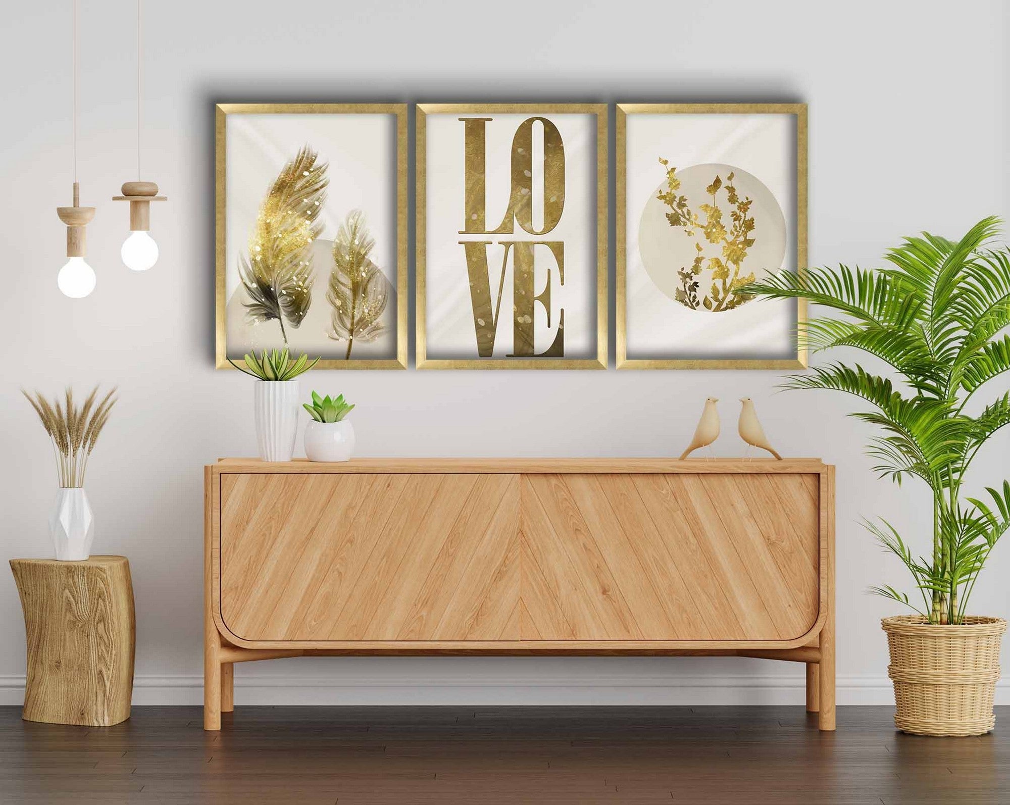 Conjunto de 3 Quadros Decorativos em MDF com Moldura de Madeira 38 x 53 cm - Dourado/Bege/Branco
