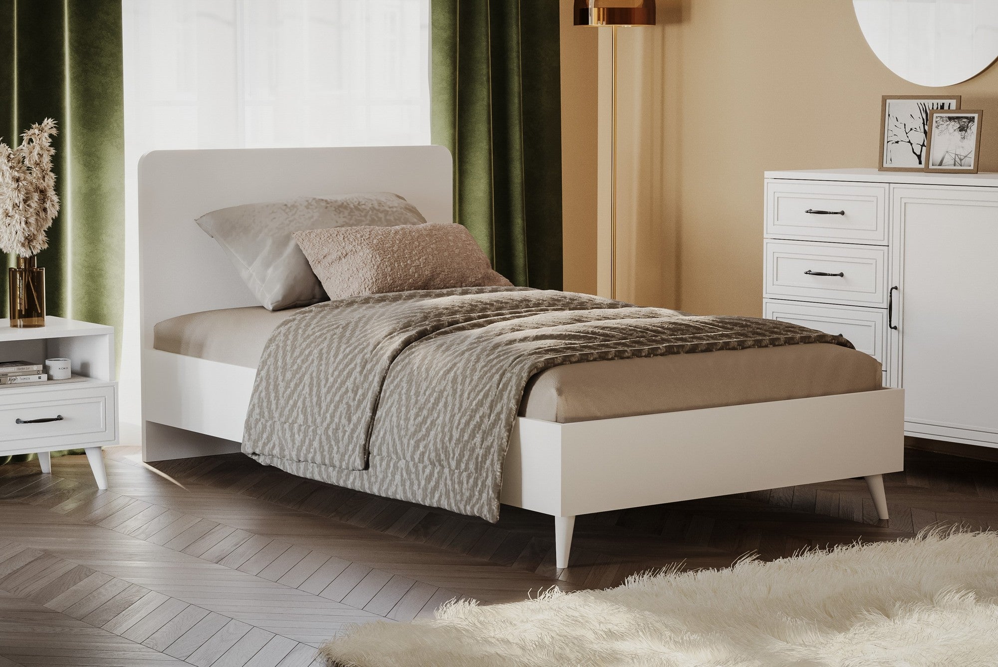 Cama de solteiro elegante, branca, 92 x 85 x 198 cm | Painel de partículas 100% revestido em melamina, 18 mm de espessura | Perfeito para quartos modernos e quartos de hóspedes