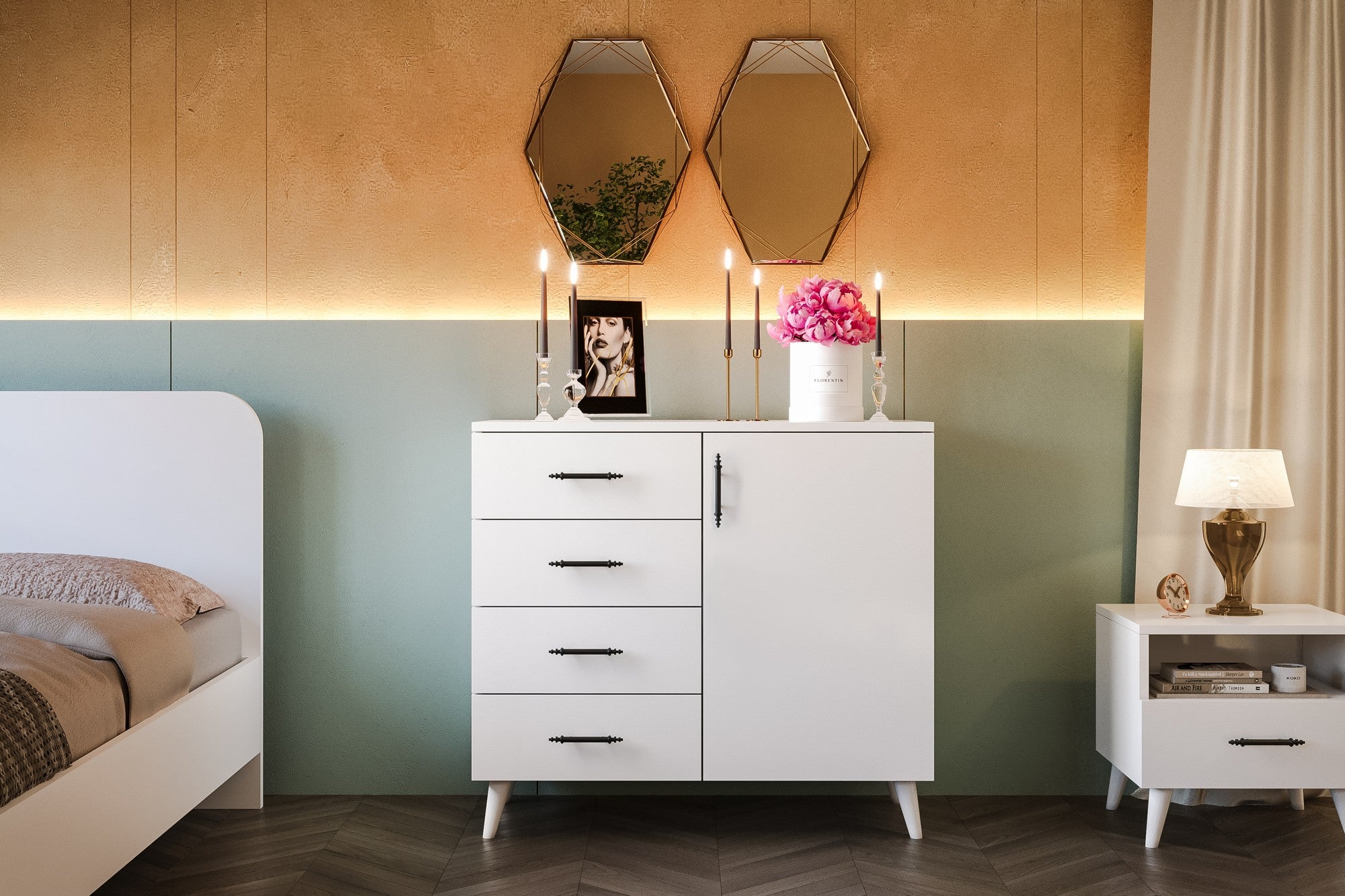 Cômoda branca elegante, 90 x 78 x 45 cm | Painel de partículas 100% revestido em melamina, 18 mm de espessura | Solução de armazenamento elegante para quartos modernos