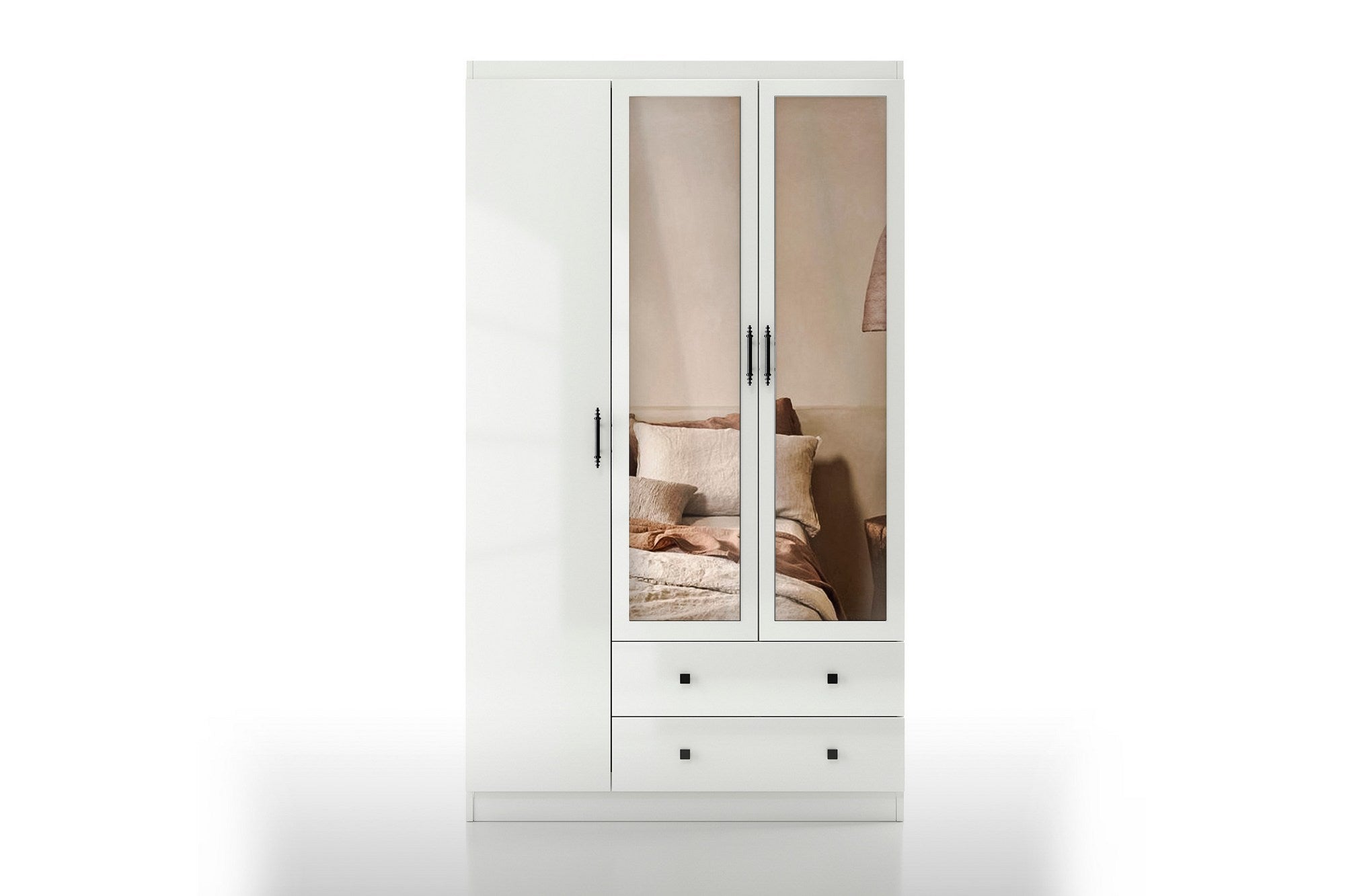 Conjunto de quarto jovem e elegante, branco | Painel de partículas 100% revestido em melamina, 18 mm de espessura | Inclui guarda-roupa, escrivaninha, estrado de cama, criado-mudo e cômoda