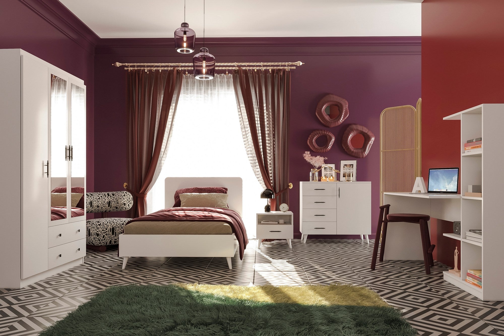 Conjunto de quarto jovem e elegante, branco | Painel de partículas 100% revestido em melamina, 18 mm de espessura | Inclui guarda-roupa, escrivaninha, estrado de cama, criado-mudo e cômoda