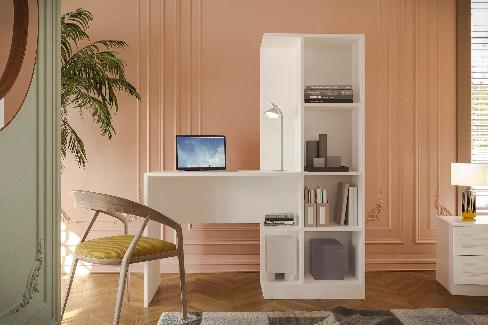 Conjunto de quarto jovem e elegante, branco | Painel de partículas 100% revestido em melamina, 18 mm de espessura | Inclui guarda-roupa, escrivaninha, estrado de cama, criado-mudo e cômoda