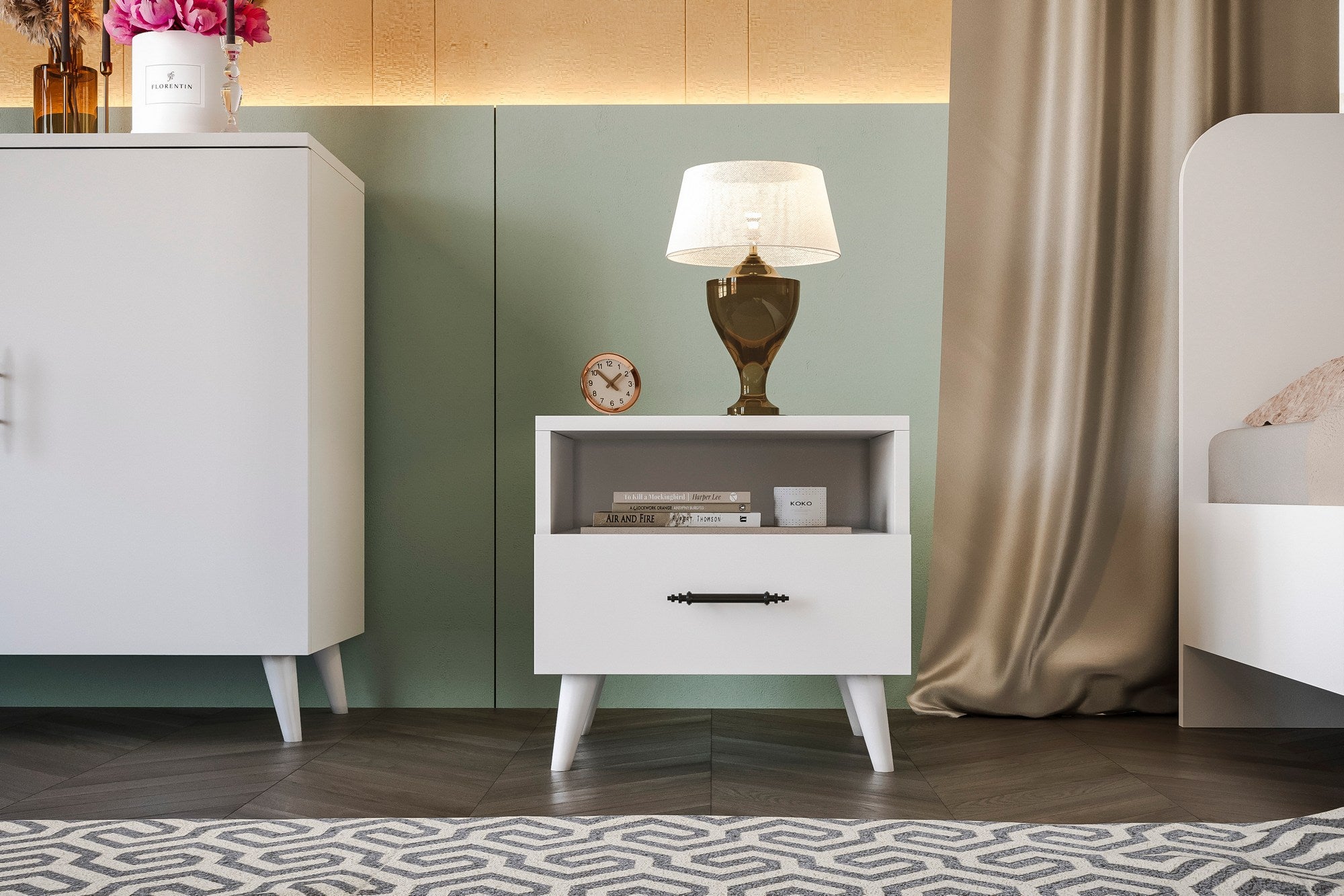 Conjunto de quarto jovem e elegante, branco | Painel de partículas 100% revestido em melamina, 18 mm de espessura | Inclui guarda-roupa, escrivaninha, estrado de cama, criado-mudo e cômoda