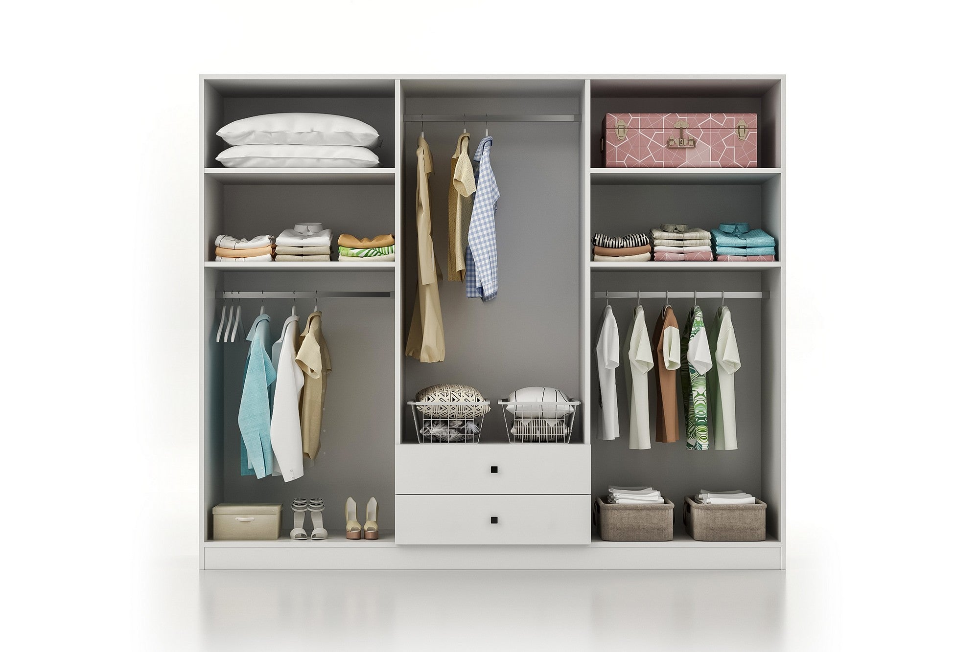 Conjunto de quarto elegante branco, 100% aglomerado revestido em melamina | Guarda-roupa (175x182x50), Cama (162x90x207), Mesa de cabeceira (45x47x38), Cômoda (90x78x41) | Design moderno e elegante