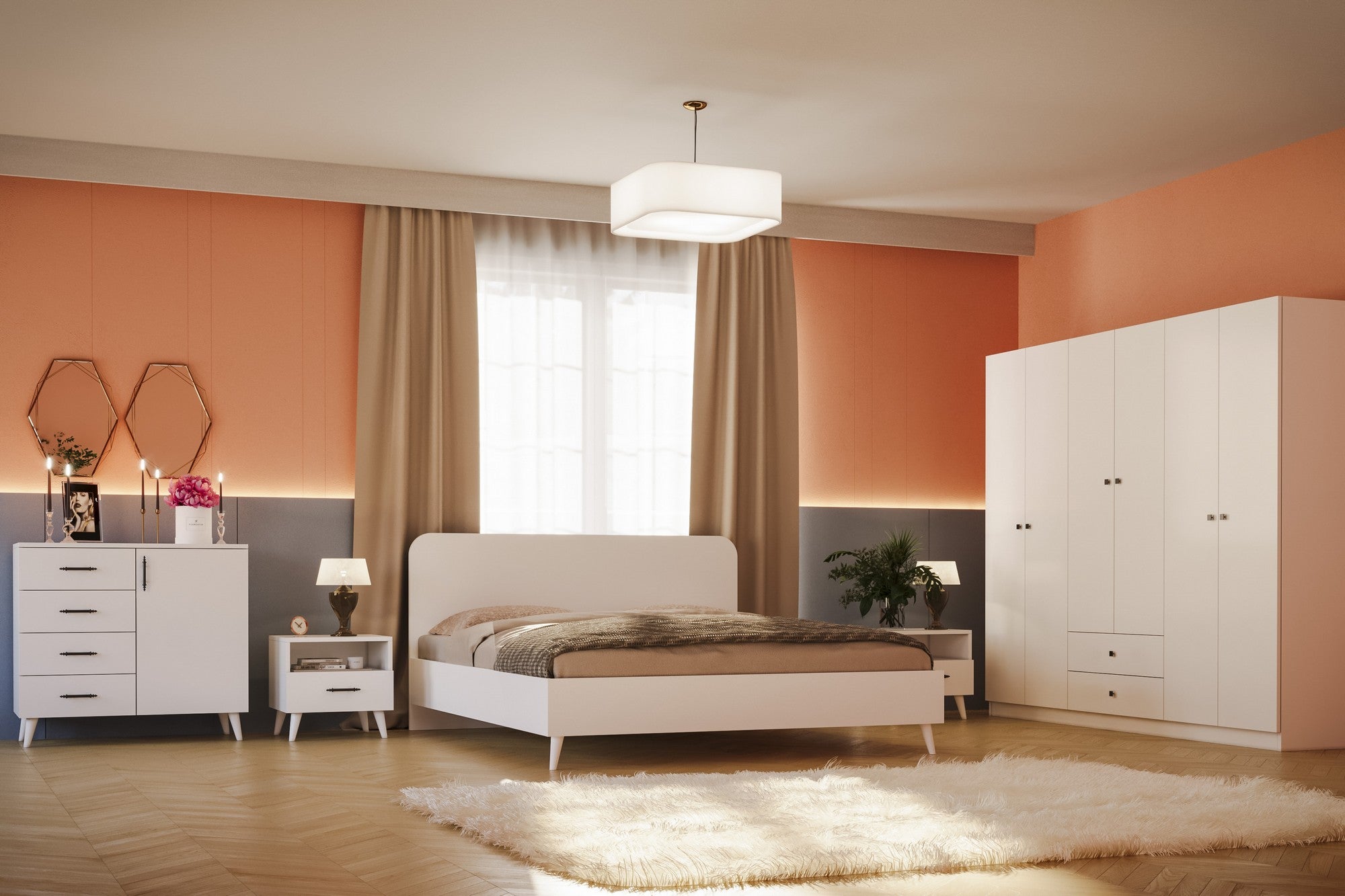 Conjunto de quarto elegante branco, 100% aglomerado revestido em melamina | Guarda-roupa (175x182x50), Cama (162x90x207), Mesa de cabeceira (45x47x38), Cômoda (90x78x41) | Design moderno e elegante