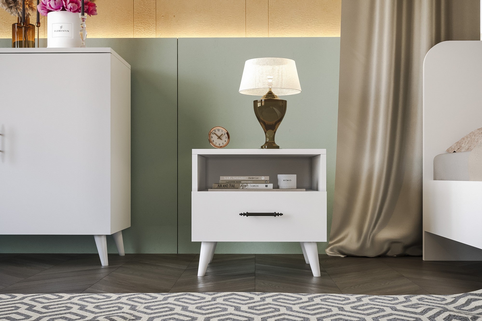 Conjunto de quarto elegante branco, 100% aglomerado revestido em melamina | Guarda-roupa (175x182x50), Cama (162x90x207), Mesa de cabeceira (45x47x38), Cômoda (90x78x41) | Design moderno e elegante