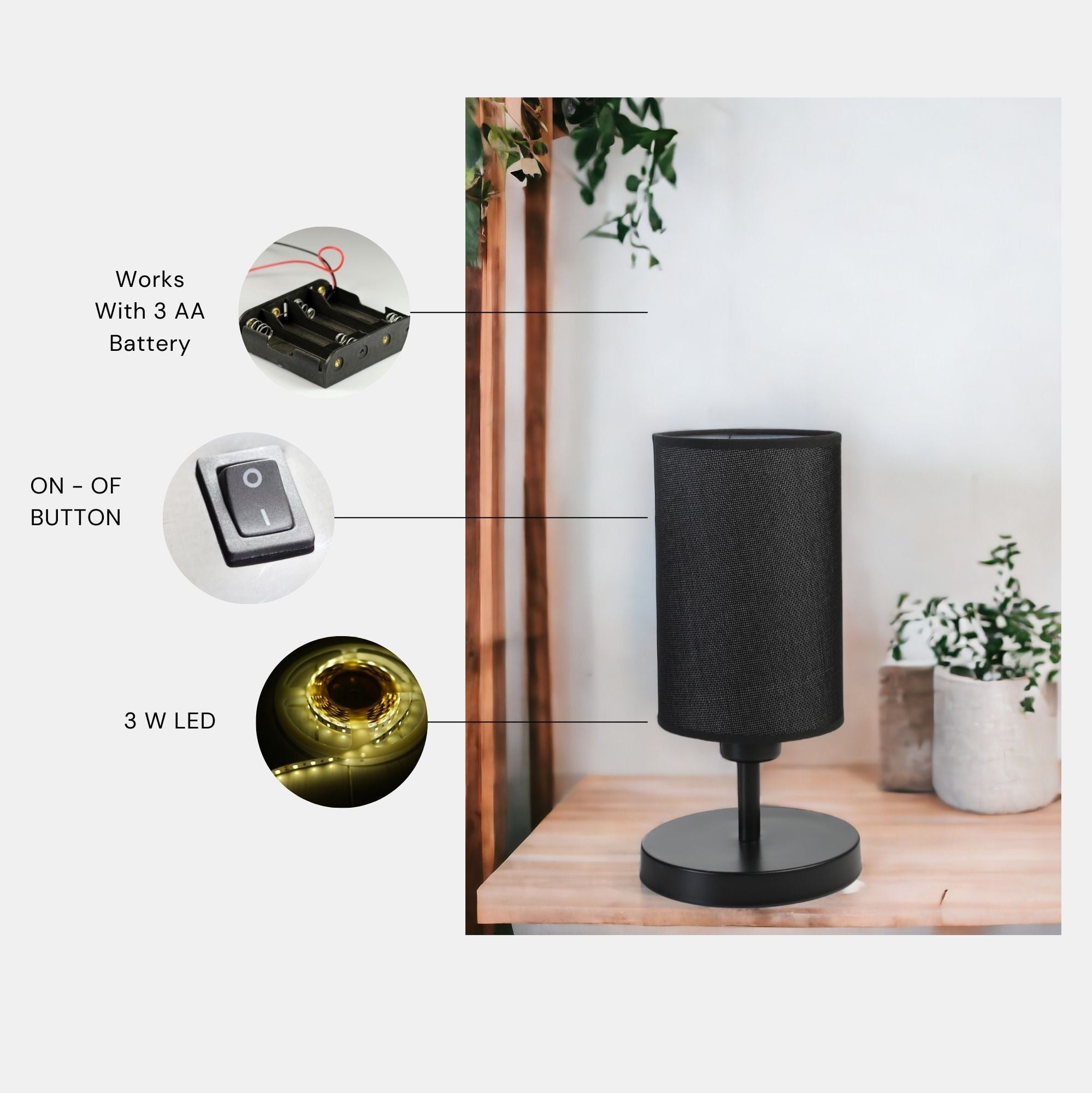 Candeeiro de Mesa – 34 cm – Preto – Metal e Tecido