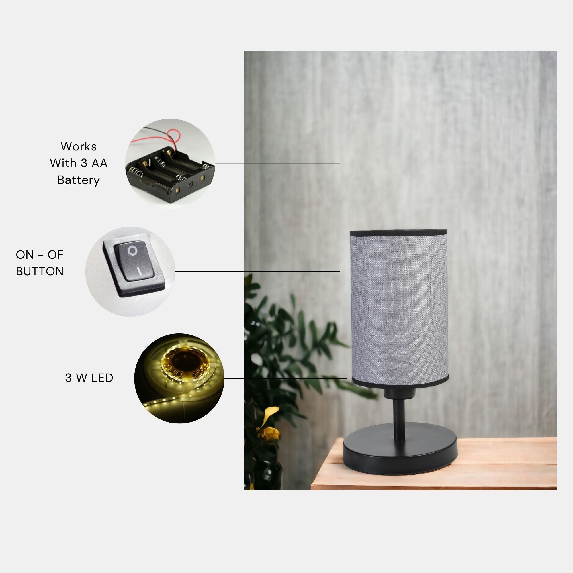 Candeeiro de Mesa – 34 cm – Cinza e Preto – Metal