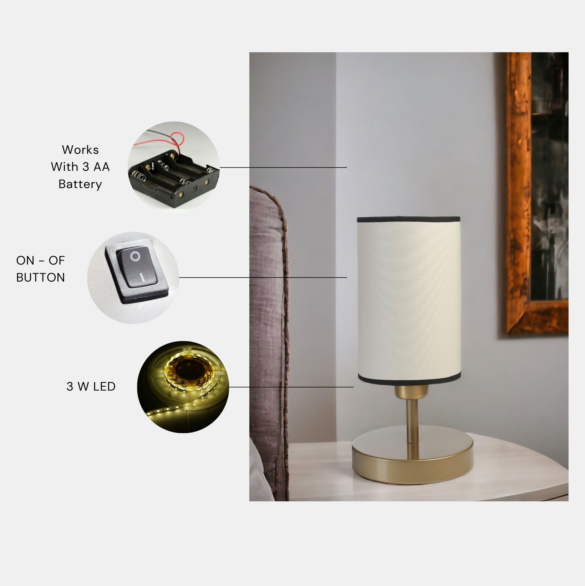 Candeeiro de Mesa – 34 cm – Dourado e Creme – Metal